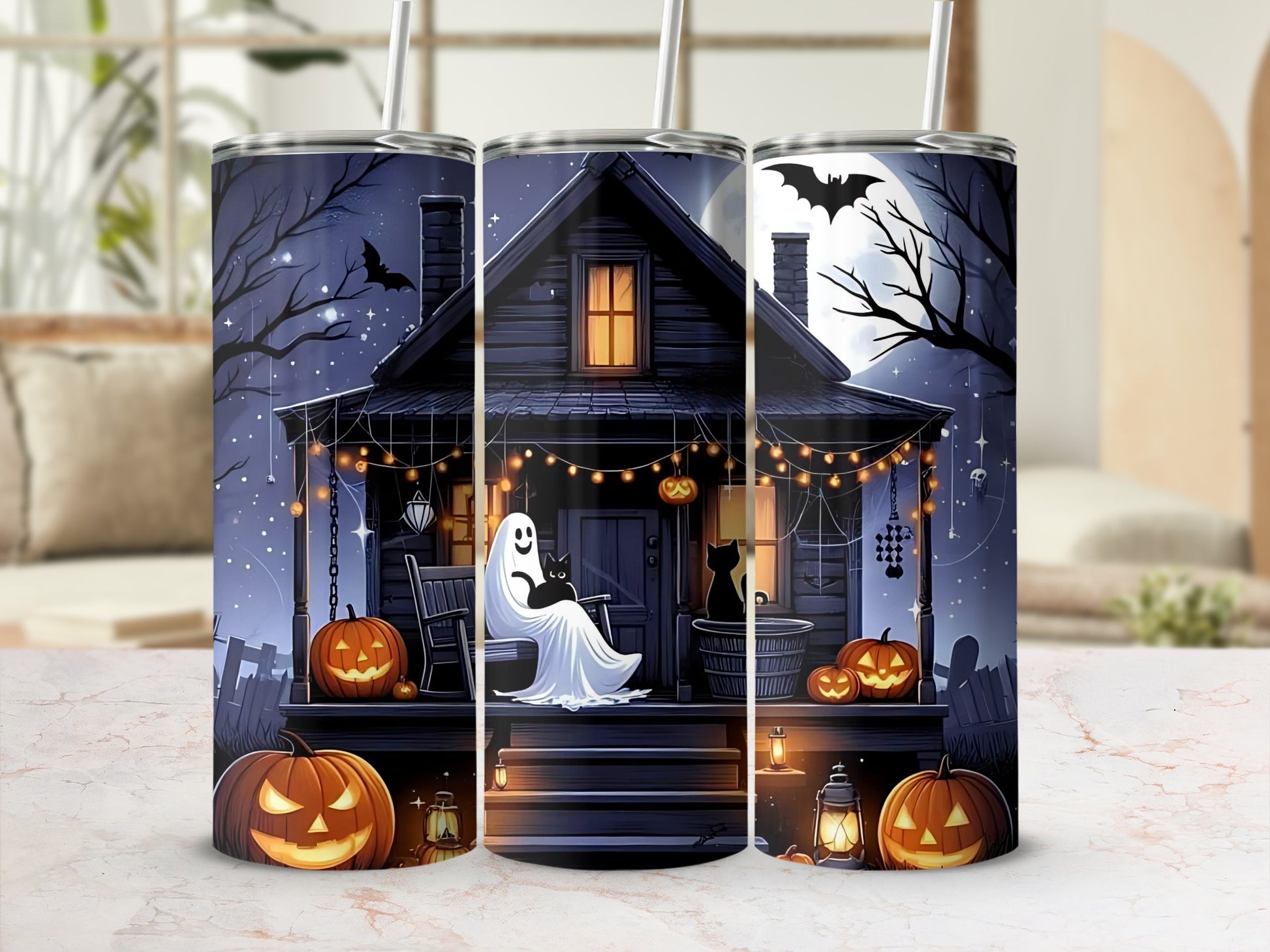 Spooky Halloween Haunted House Stainless Steel Tumbler