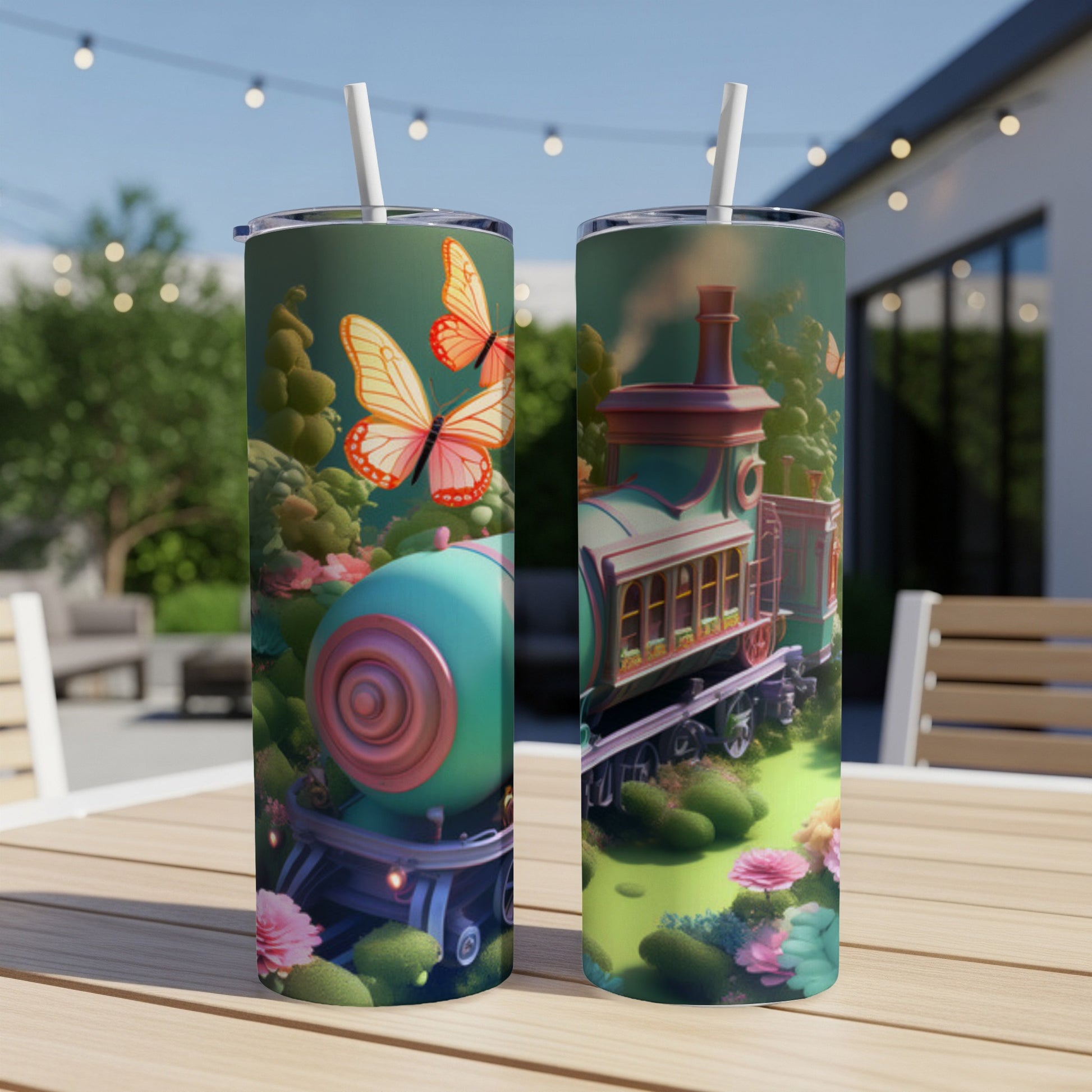 Two decorative tumblers featuring a whimsical train and butterfly design.
