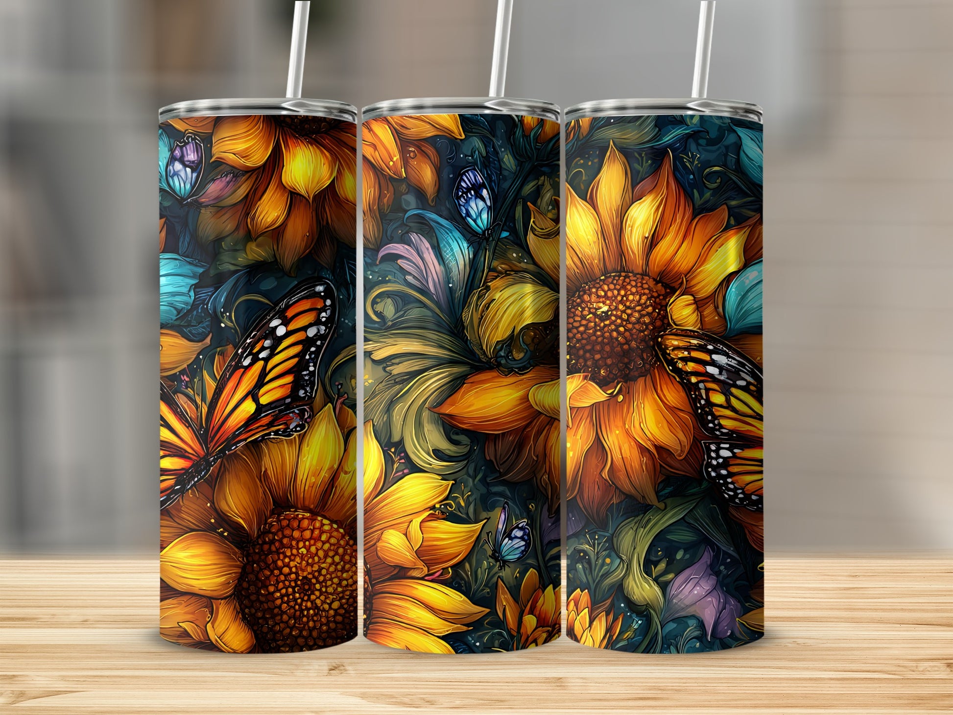 Colorful Sunflower and Butterfly Artistic Tumbler
