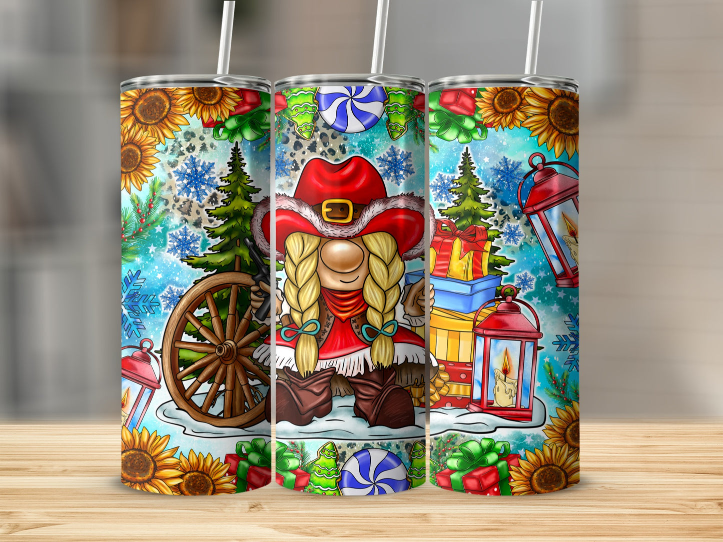 Gnome in cowboy hat with braids and fringe, surrounded by gifts, sunflowers, and winter elements.