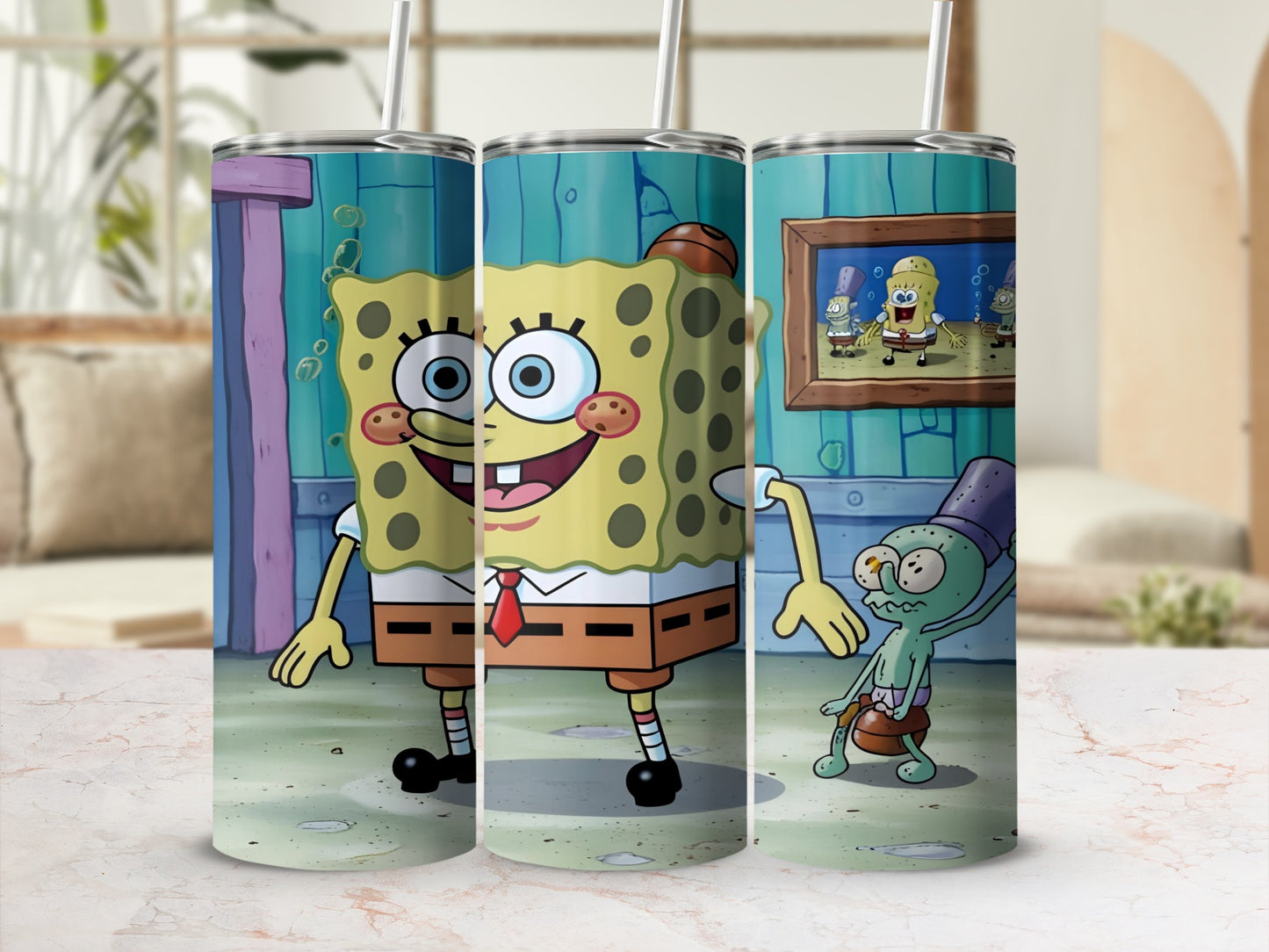 SpongeBob SquarePants and Squidward characters on a tumbler with wood-paneled background.