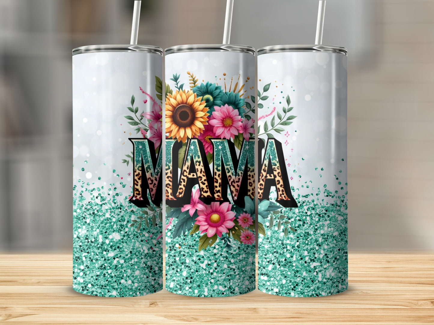 Floral Mama Design Tumbler with Glitter Background