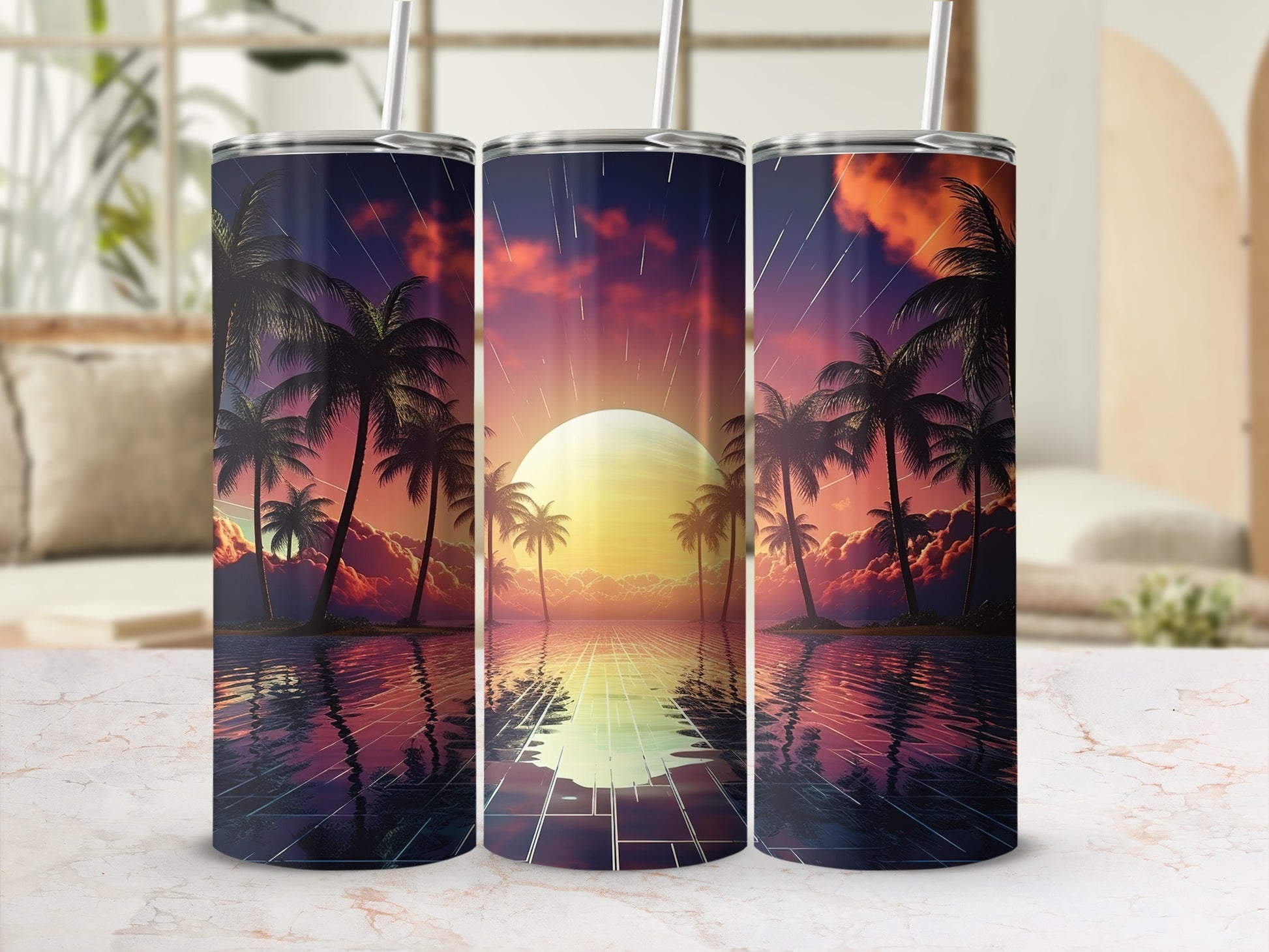 Vibrant Sunset and Palm Trees Stainless Steel Tumbler