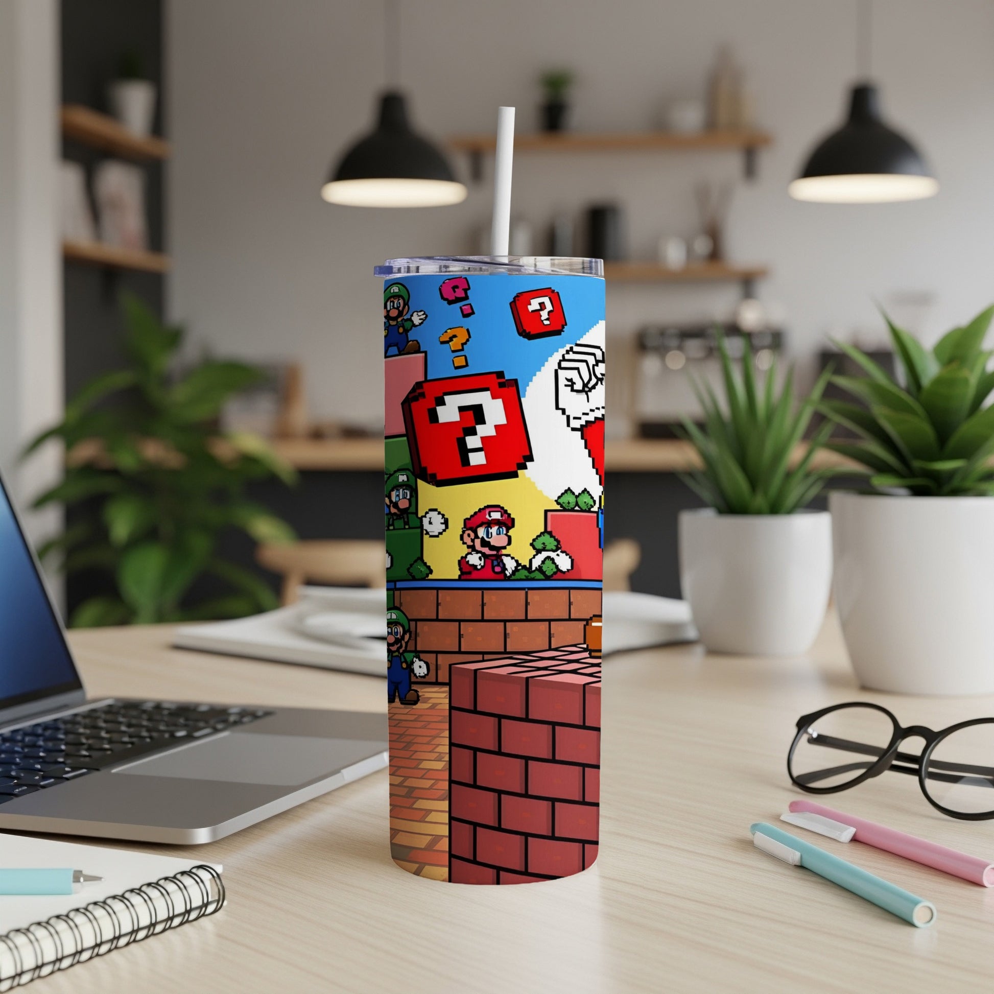 Super Mario characters and question blocks on a brick pattern tumbler.
