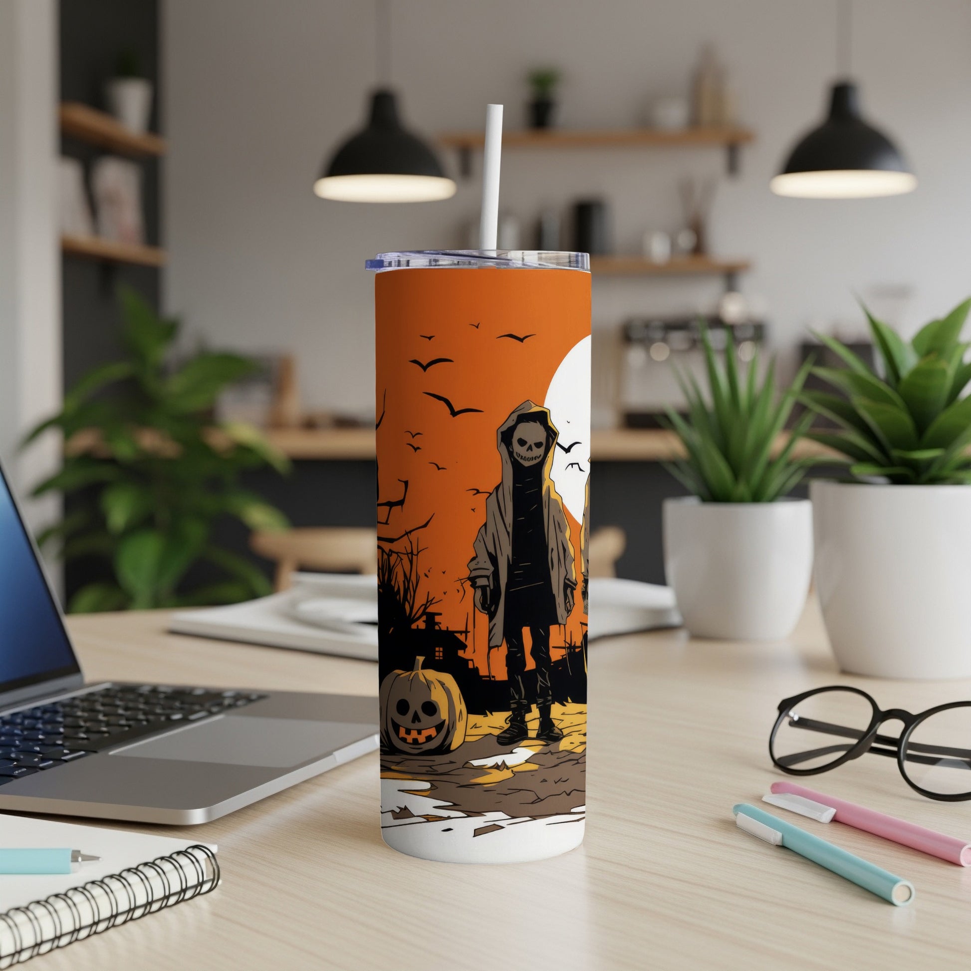 Tumbler with Halloween scene: skeleton, pumpkin, and spooky trees under a full moon.