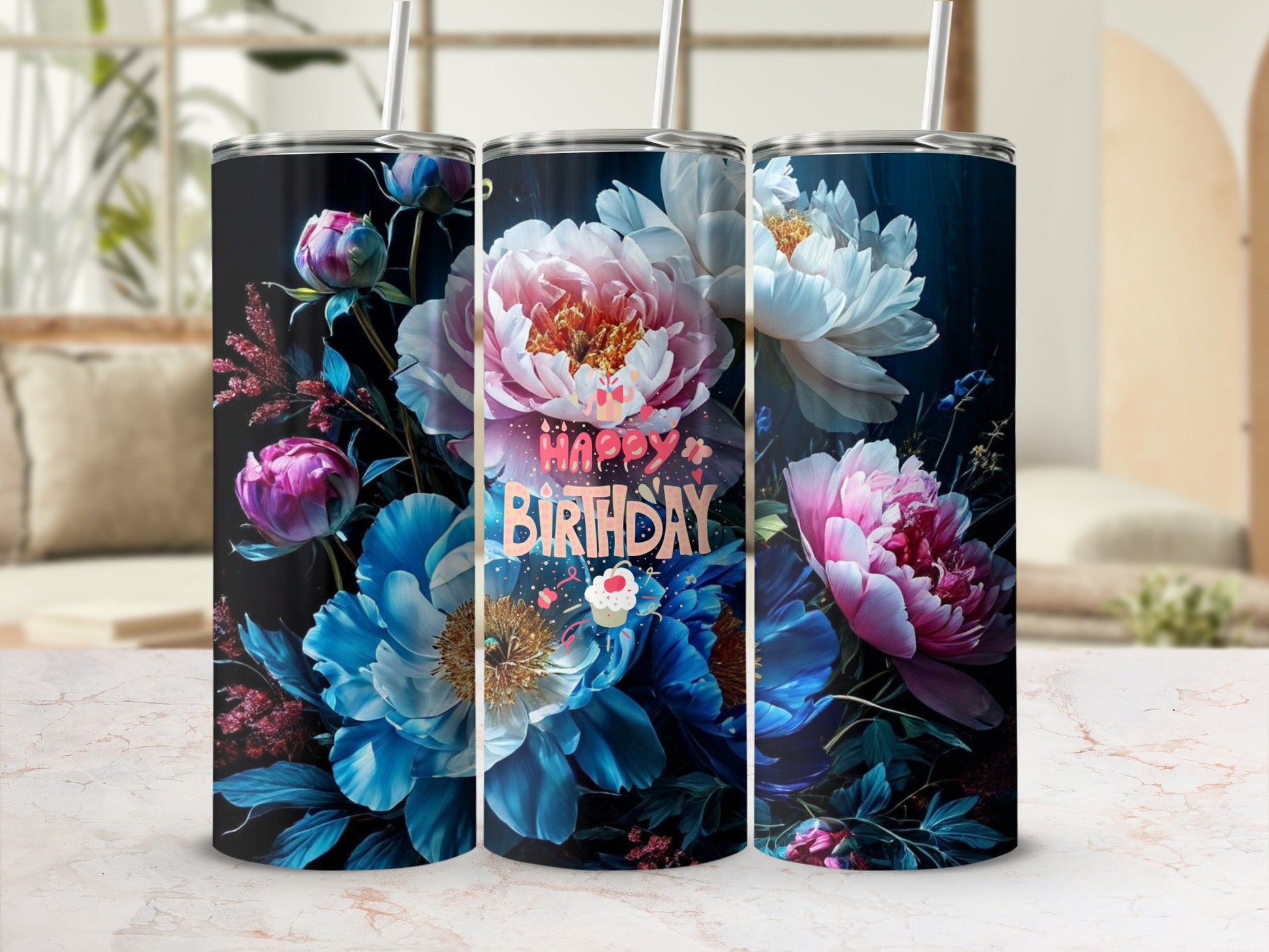 Tall tumbler with floral design and "Happy Birthday" text.