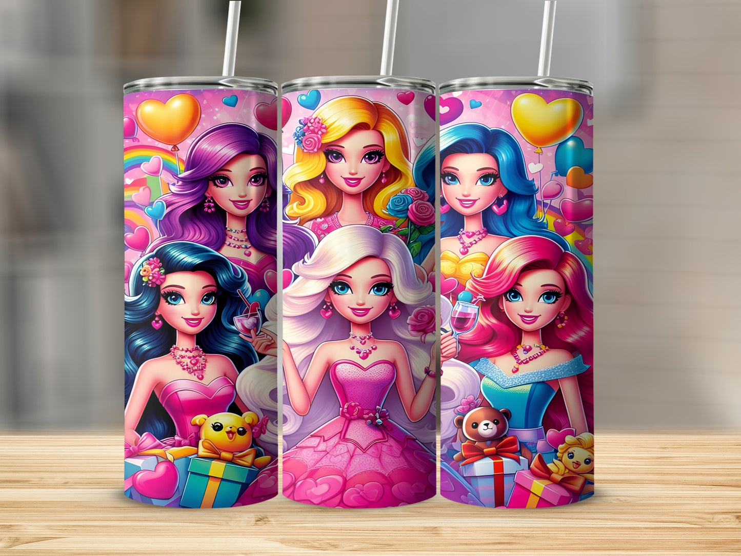 Three cartoon girls with colorful hair and pink dresses holding gifts and drinks.