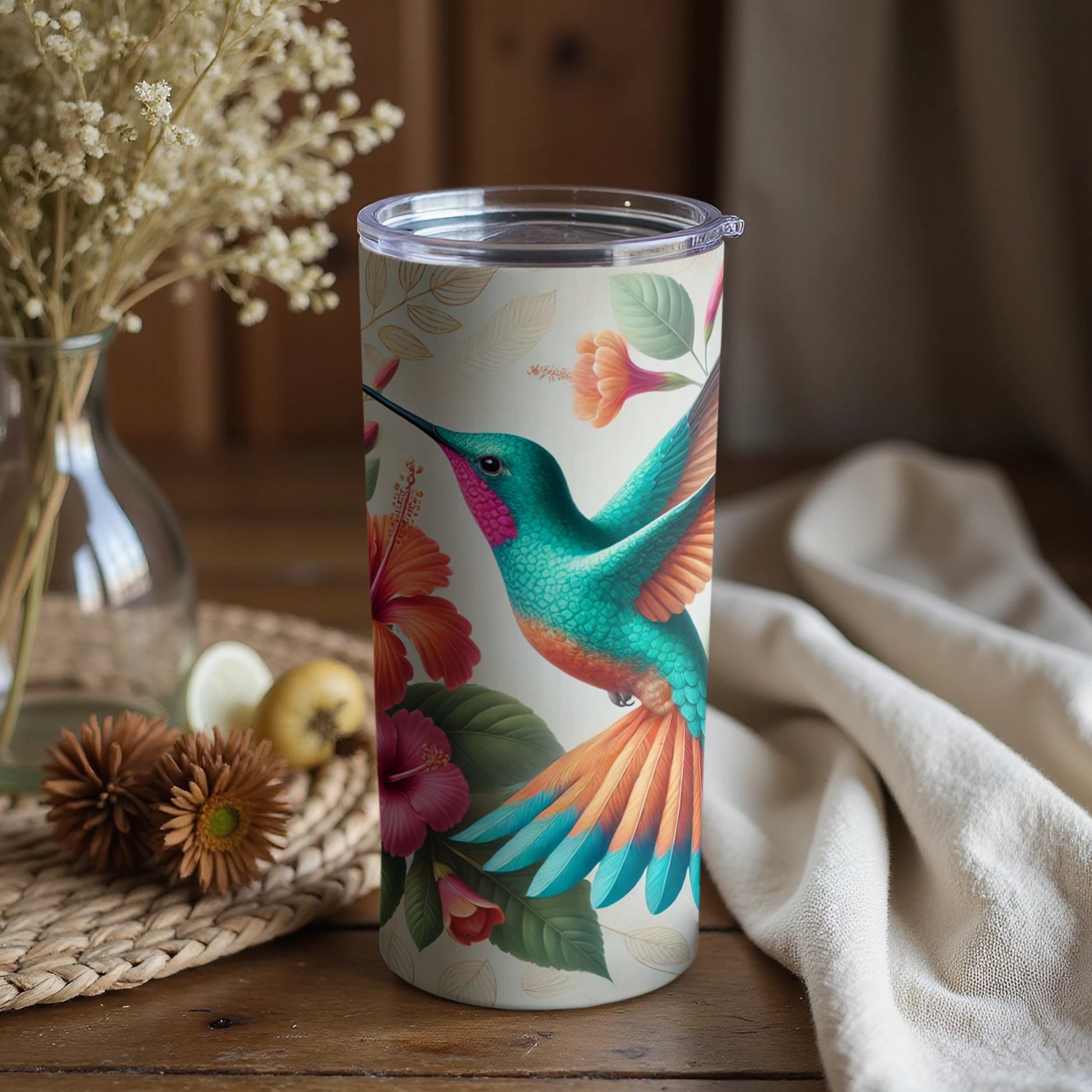 Hummingbird and Tropical Flowers Design Tumbler
