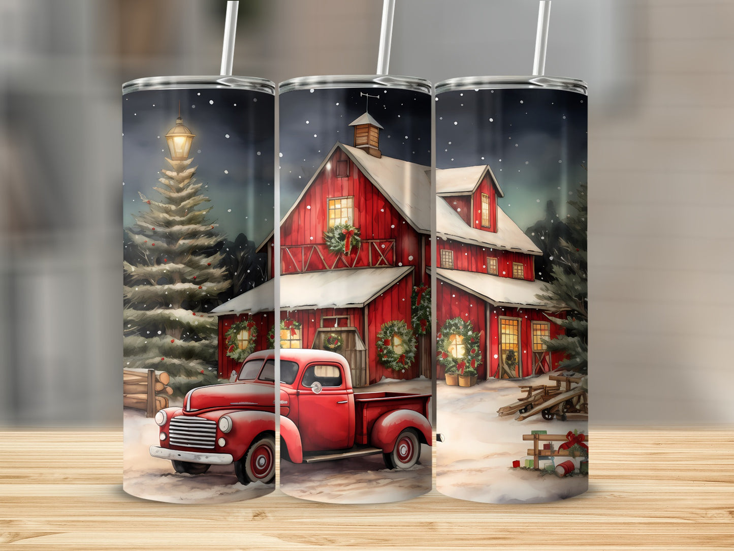 Red Vintage Truck Christmas Scene Tumbler