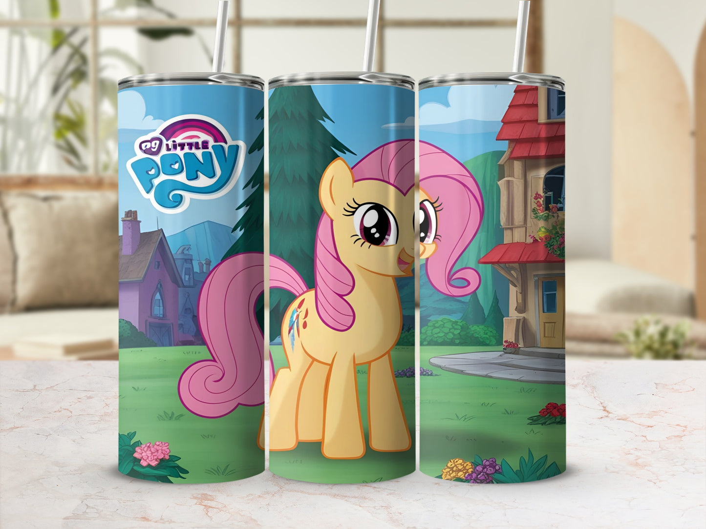 My Little Pony Fluttershy on a tumbler with cartoon background.