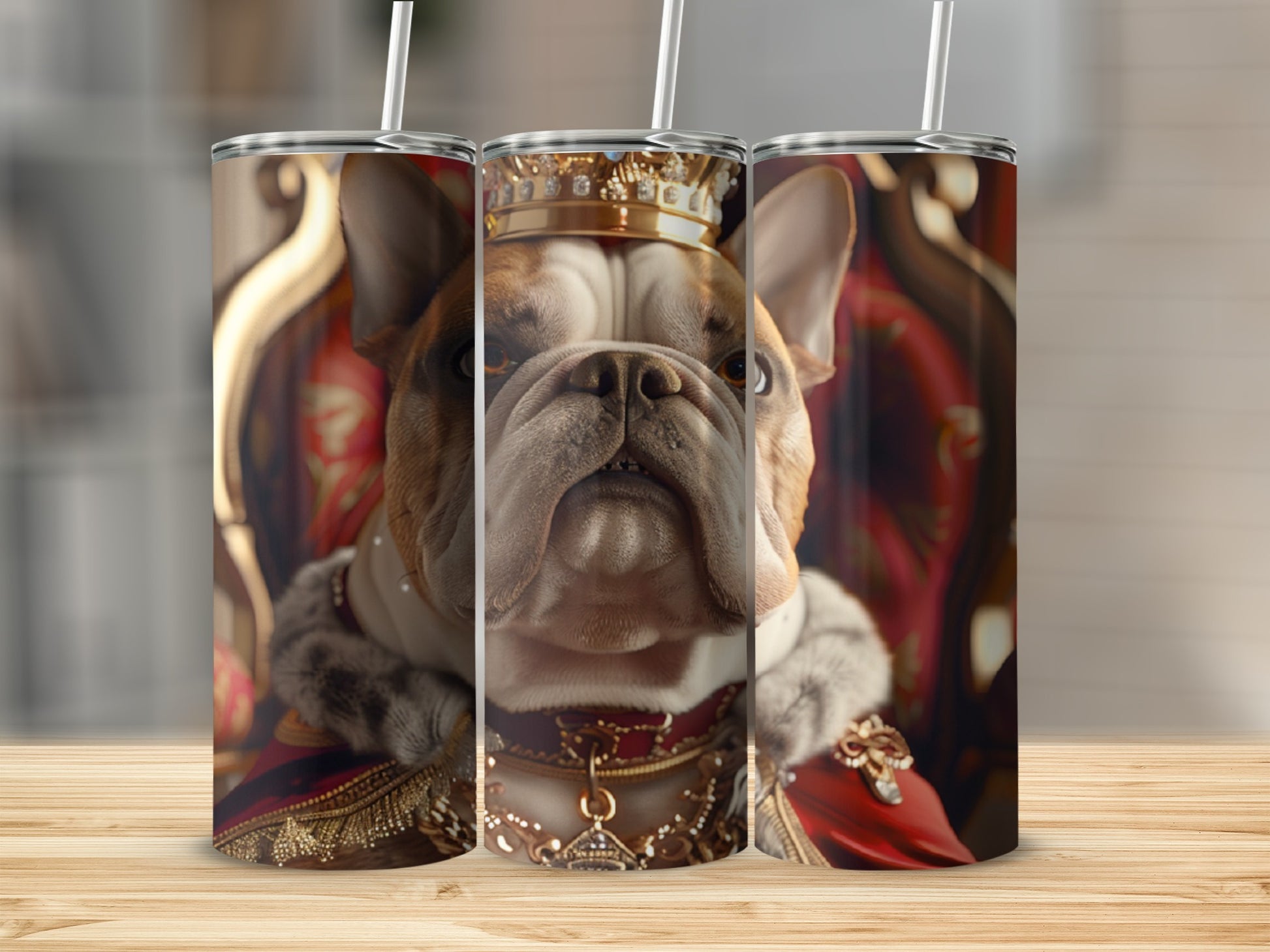 French bulldog in a crown and regal attire.