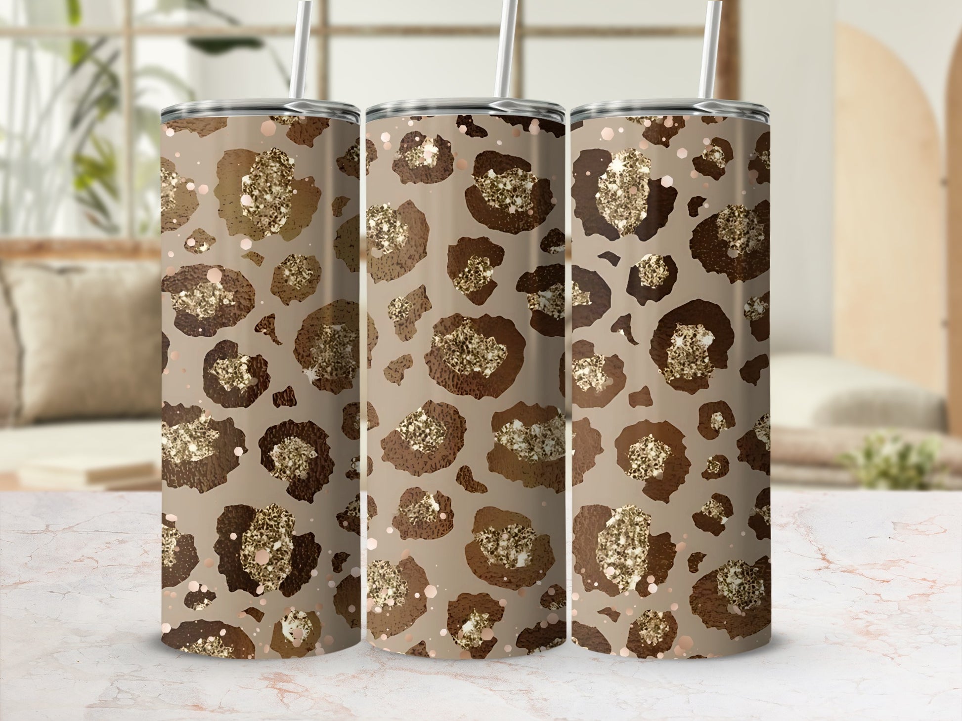 Glitter Cheetah Print Tumbler with Straw Flask Cup
