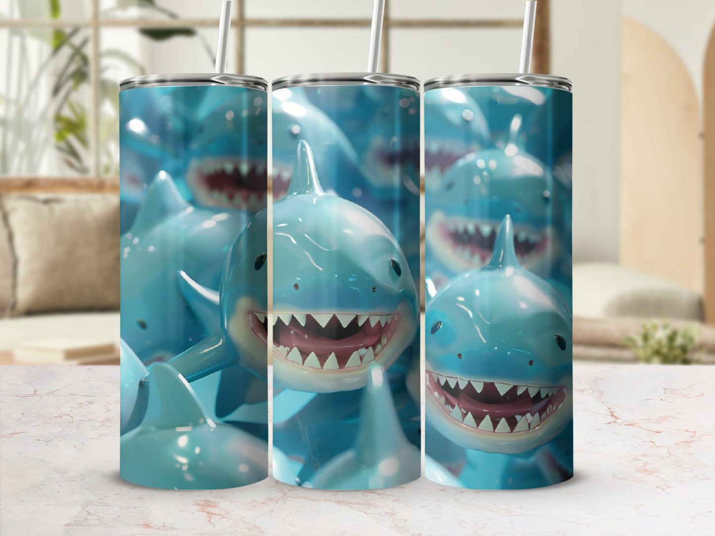 Three cartoon sharks with open mouths and sharp teeth on a tumbler.
