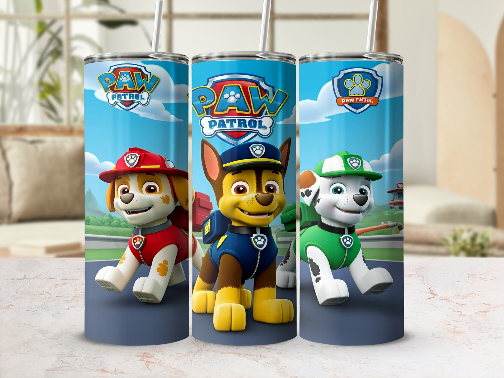 Paw Patrol characters Chase, Marshall, and Rubble on a tumbler.