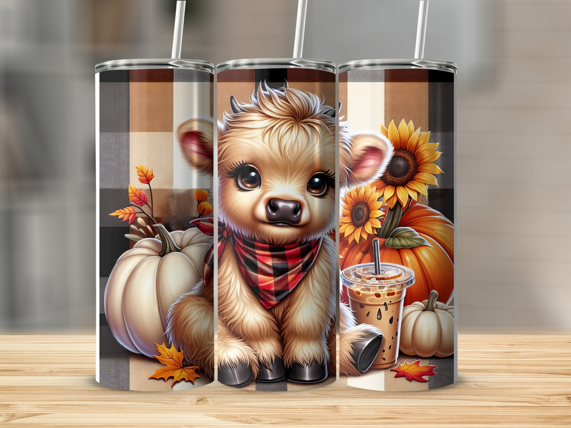 Cute highland cow with fall pumpkins and sunflower on buffalo plaid background.