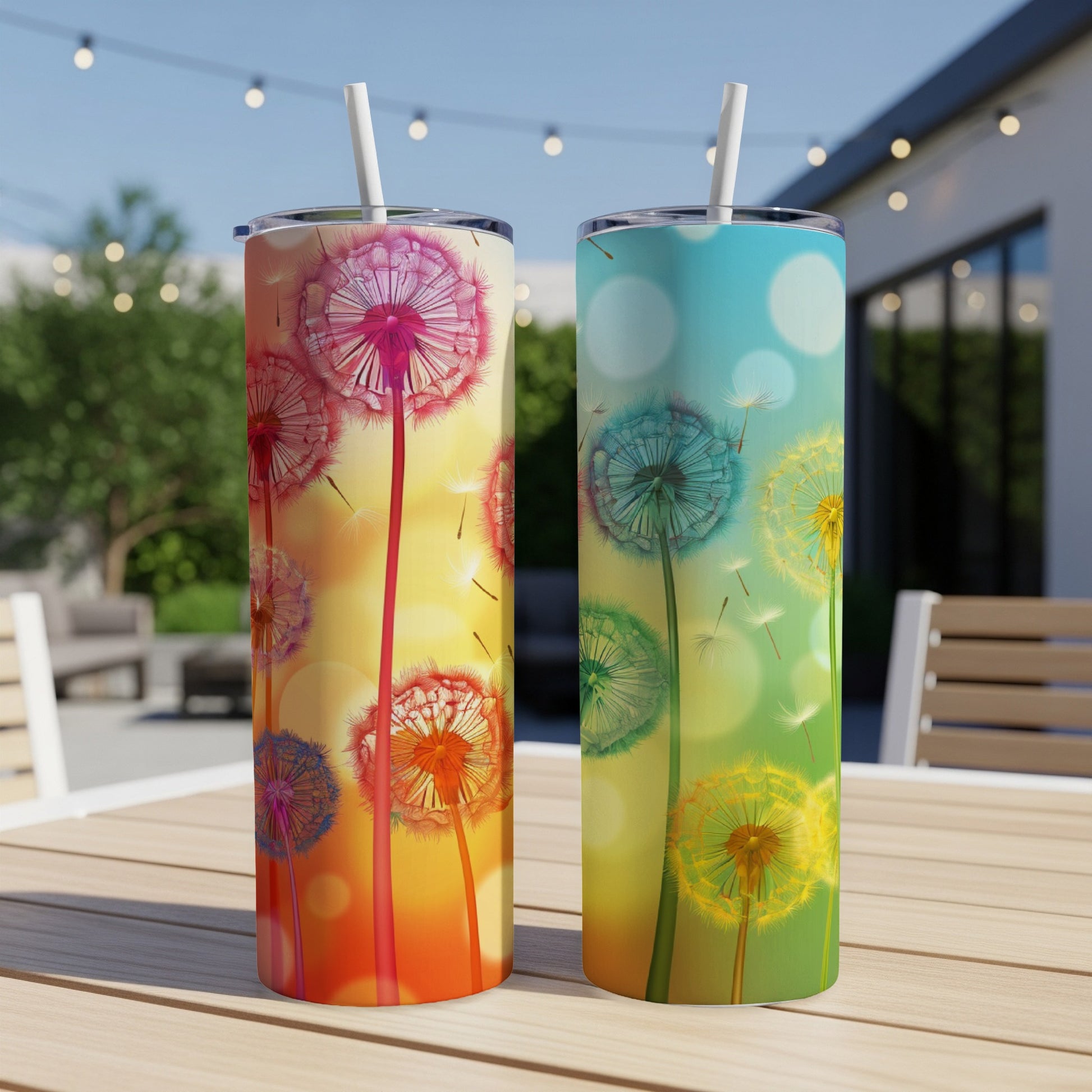 Two tumblers with dandelion designs and colorful gradient backgrounds.