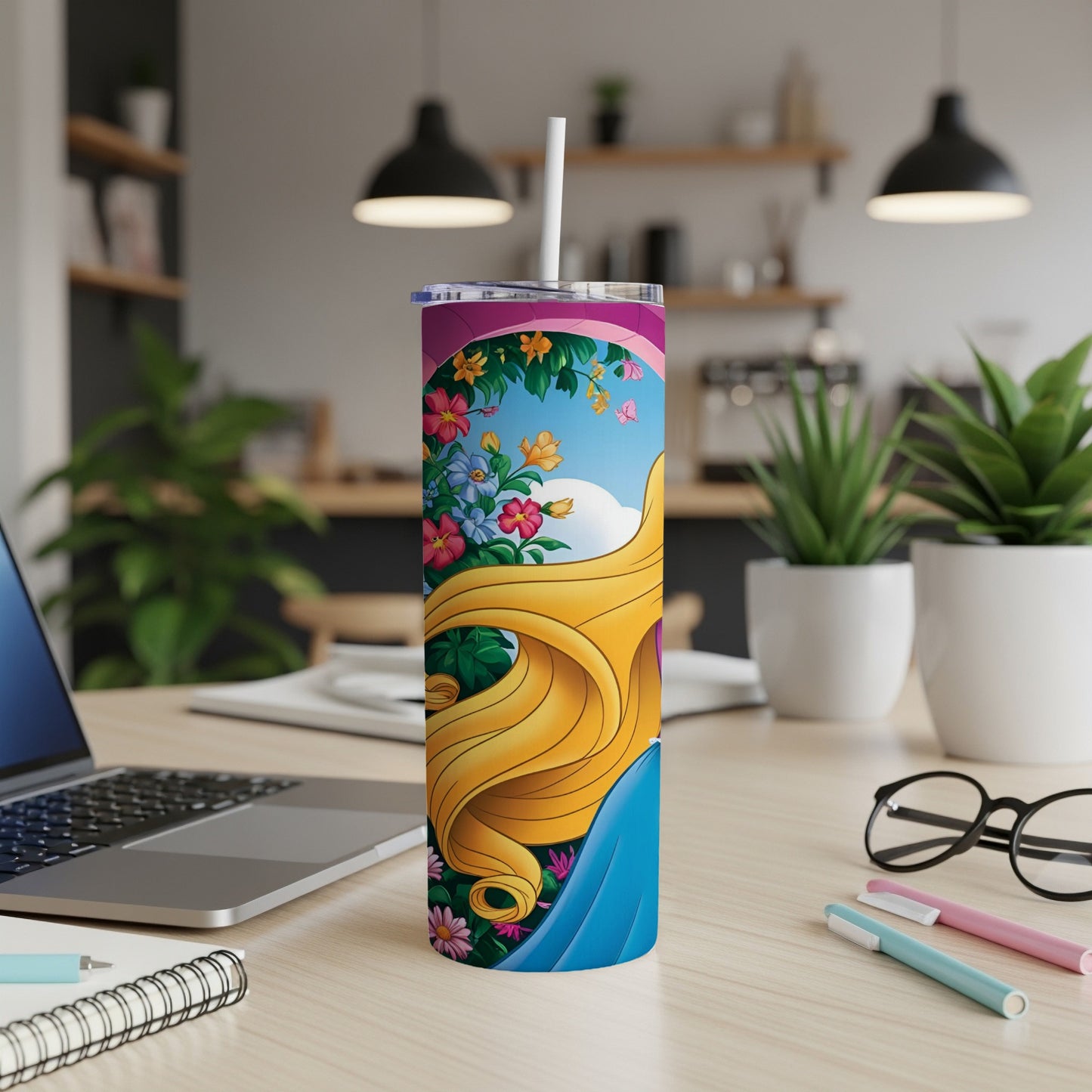 Tall tumbler with Rapunzel's blonde hair and colorful flowers against a sky.
