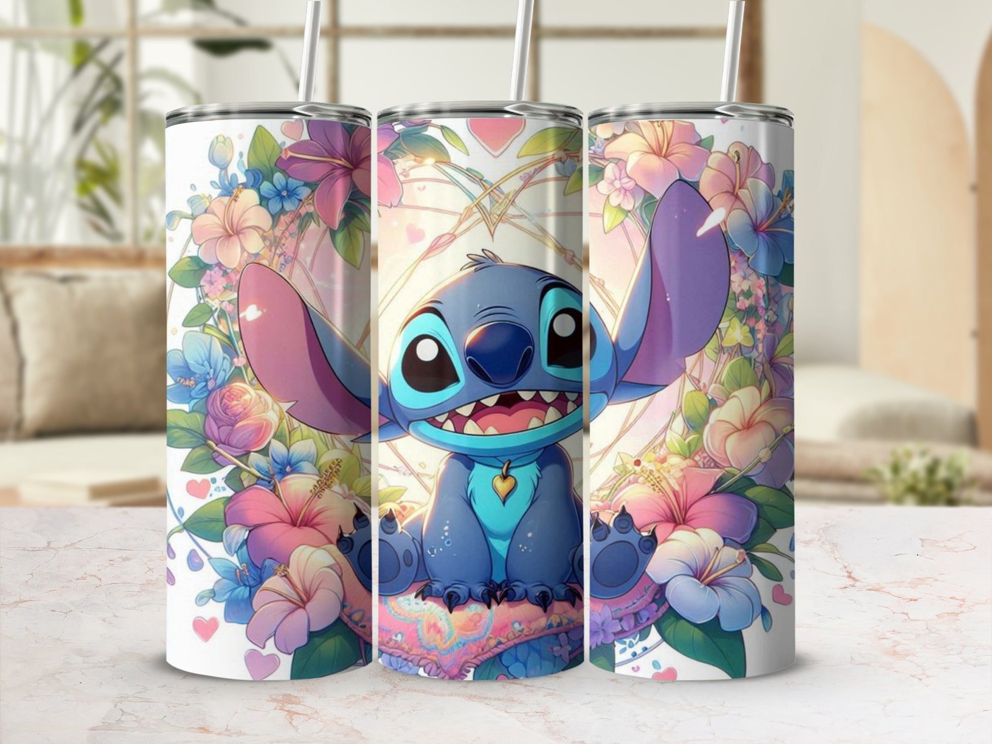 Colorful Cute Alien and Flowers Themed Tumbler