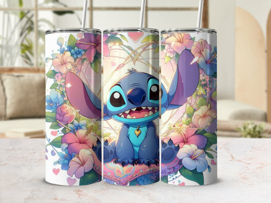 Colorful Cute Alien and Flowers Themed Tumbler