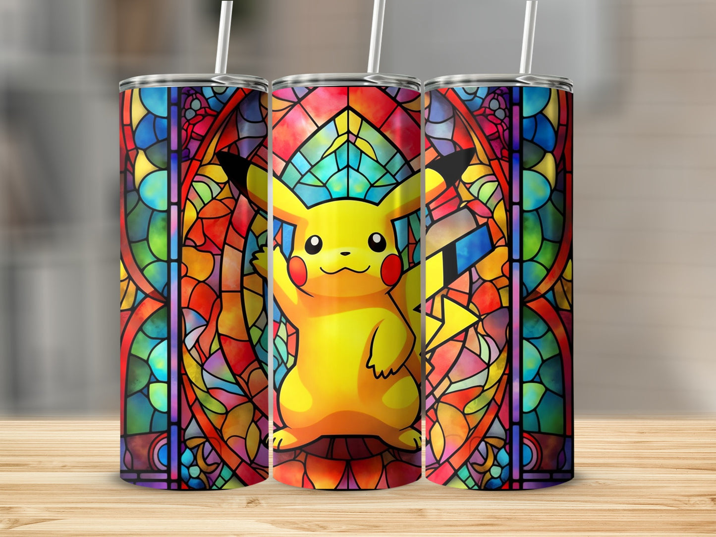 Vibrant Pikachu Stained Glass Design Tumbler Cup