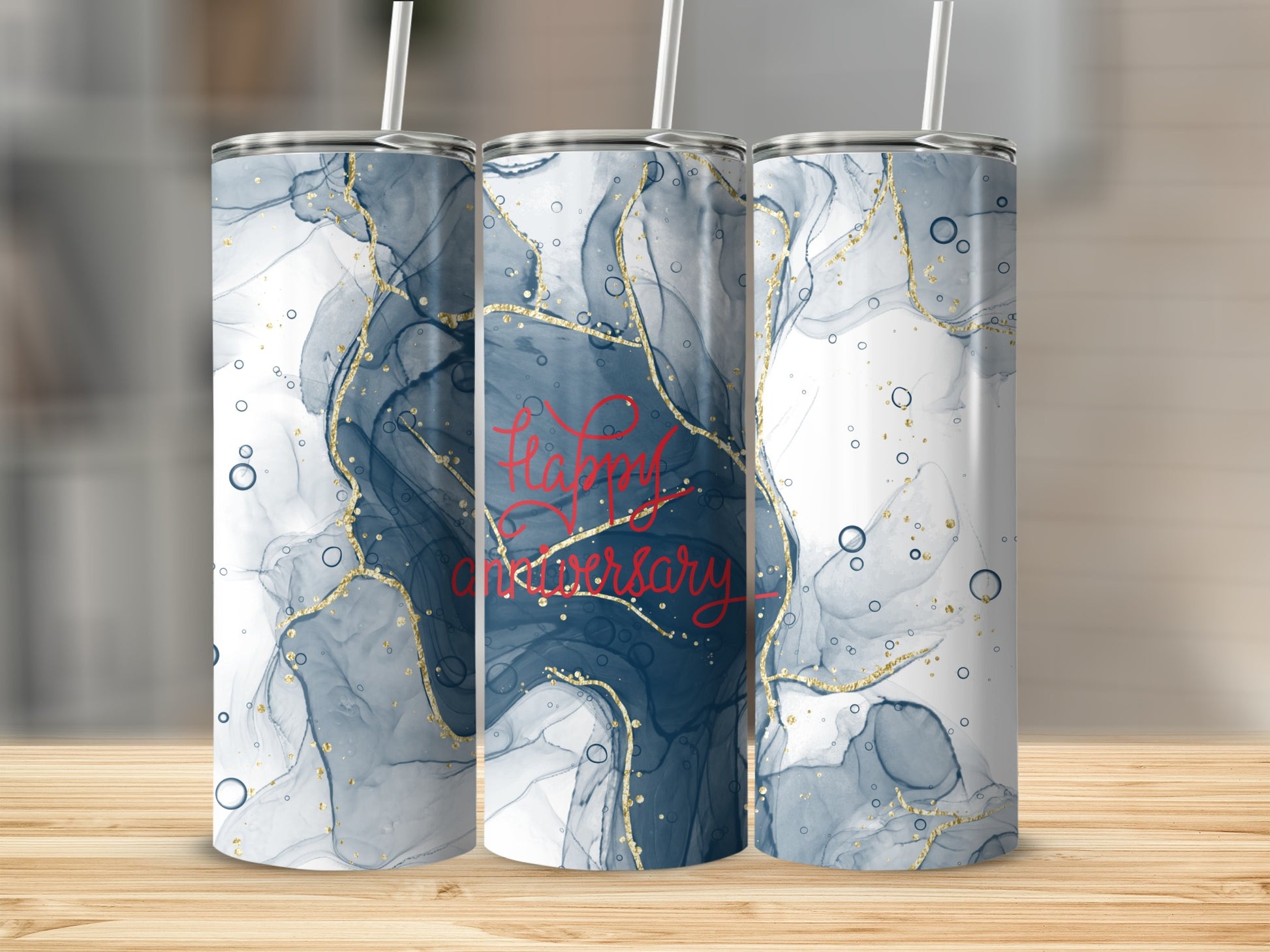 Three tumblers with blue marble and gold glitter design, featuring "Happy Anniversary" text.