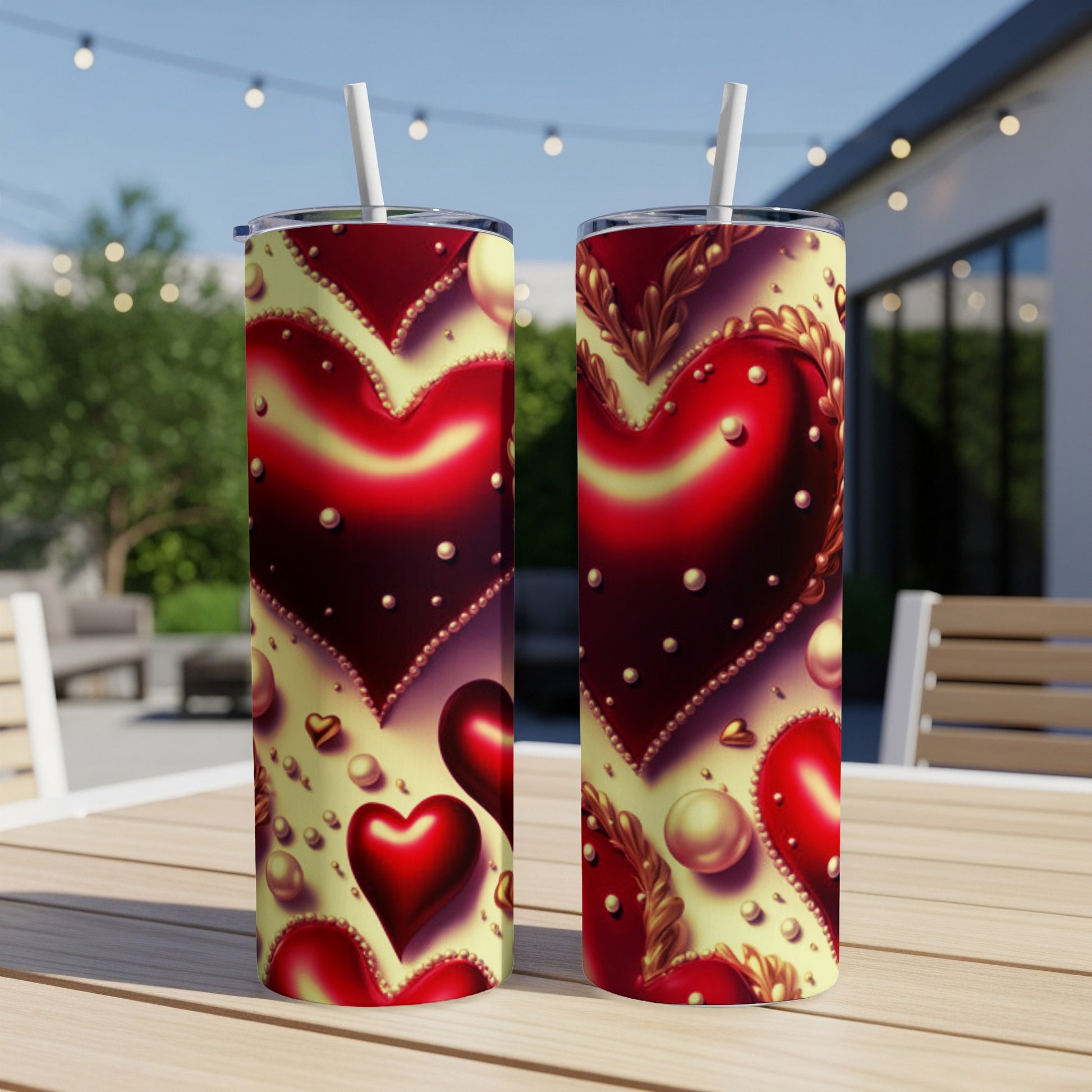 Two red and gold heart patterned tumblers with straws on a wooden table.