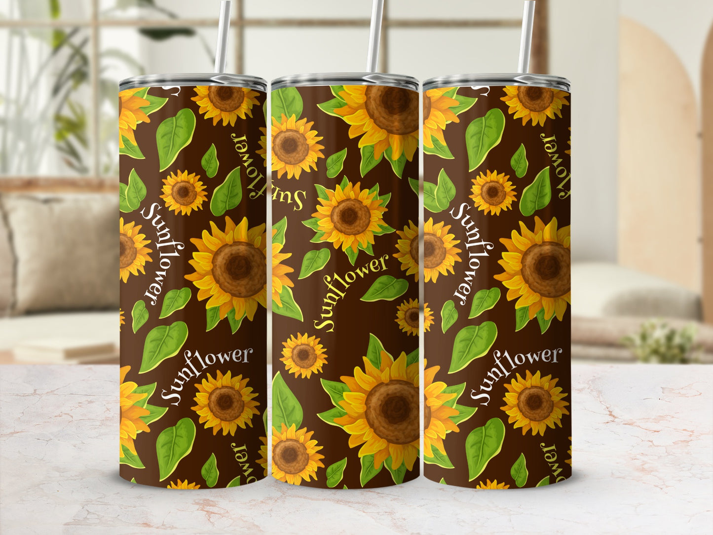 Three tumblers with brown background and repeating sunflower pattern and the word "Sunflower".