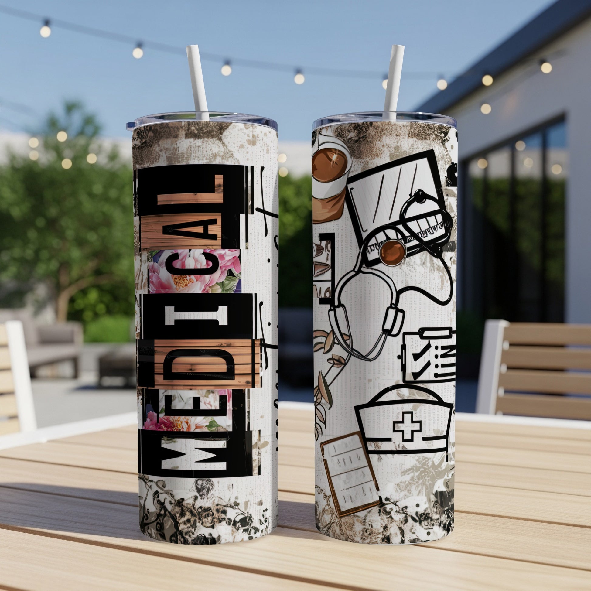 Two tumblers with medical icons and floral accents, displayed outdoors on a table.
