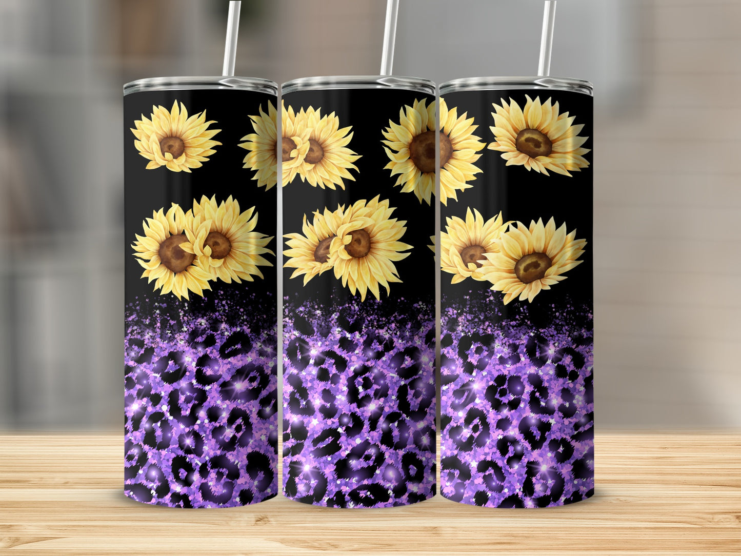 Black tumbler with purple leopard print and sunflowers.