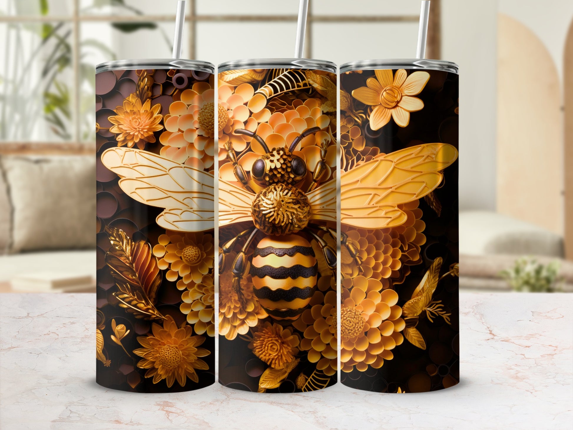 Embossed Golden Bee Honeycomb Flowers Tumbler product type
Golden Bee, Floral Design, Honeycomb Pattern, Embossed Texture, 3D Effect, Nature Inspired, Honeybee Art, Flower Print, Luxury Aesthetic, Elegant Design, Gold Accents, Black Background, Brown Hues, Insect Motif, Garden Theme, Ornate Artwork, Intricate Details, Drinkware Decor, Tumbler Design, Unique Pattern