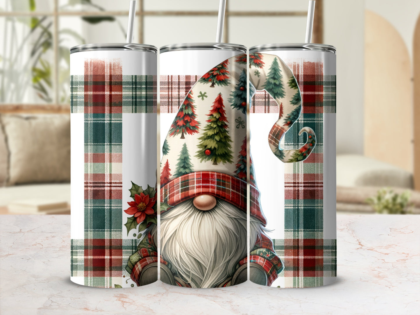 Gnome wearing festive hat and plaid scarf with trees.