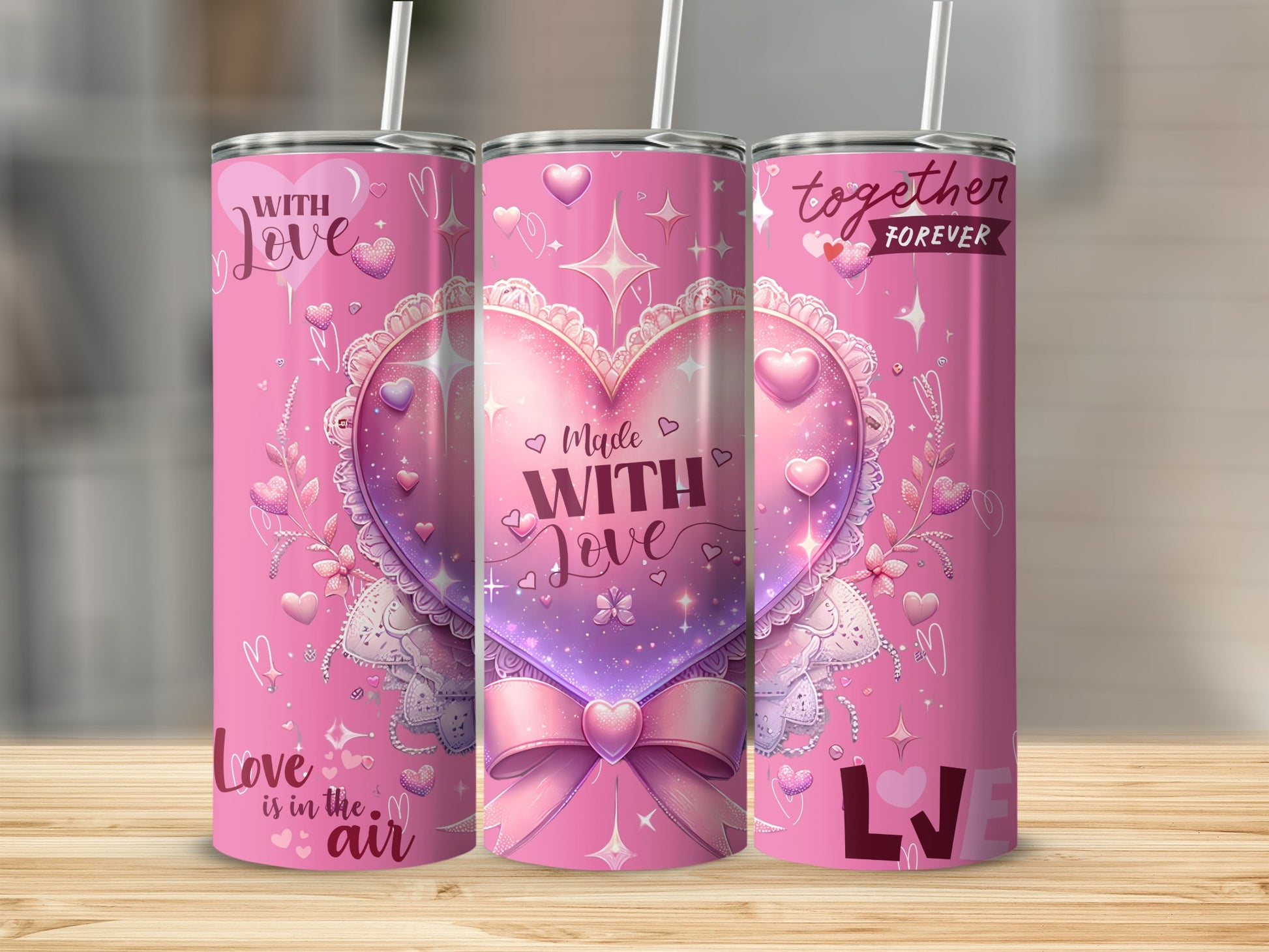 Love Heart Patterned Tumbler with Straw and Lid