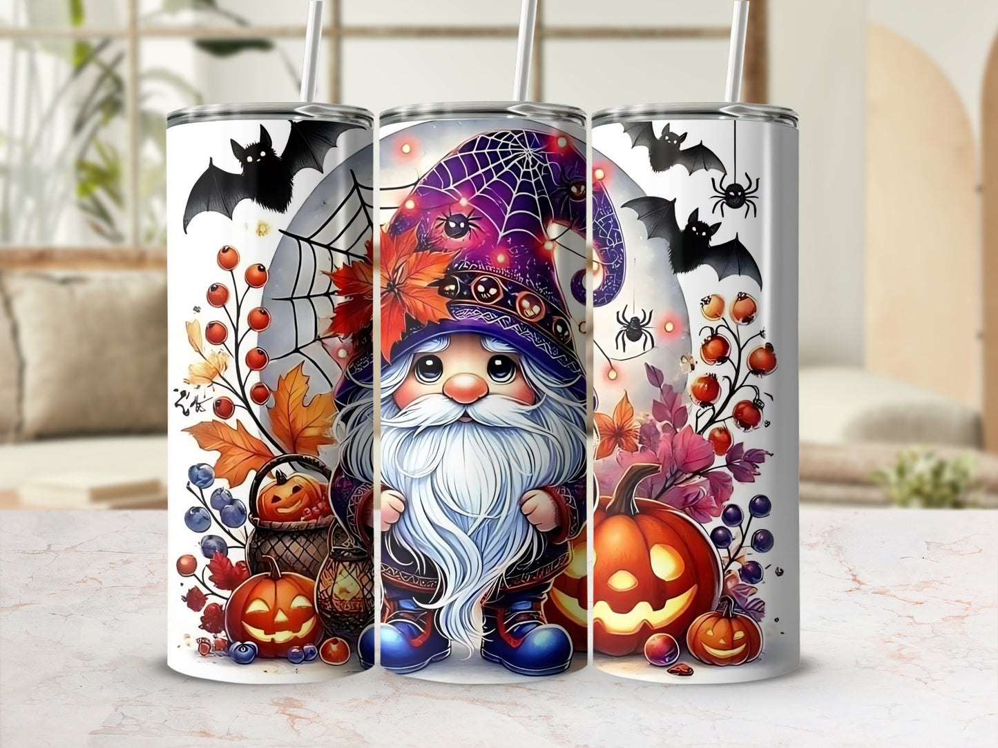 Halloween Gnome with Pumpkins and Bats Tumbler Cup