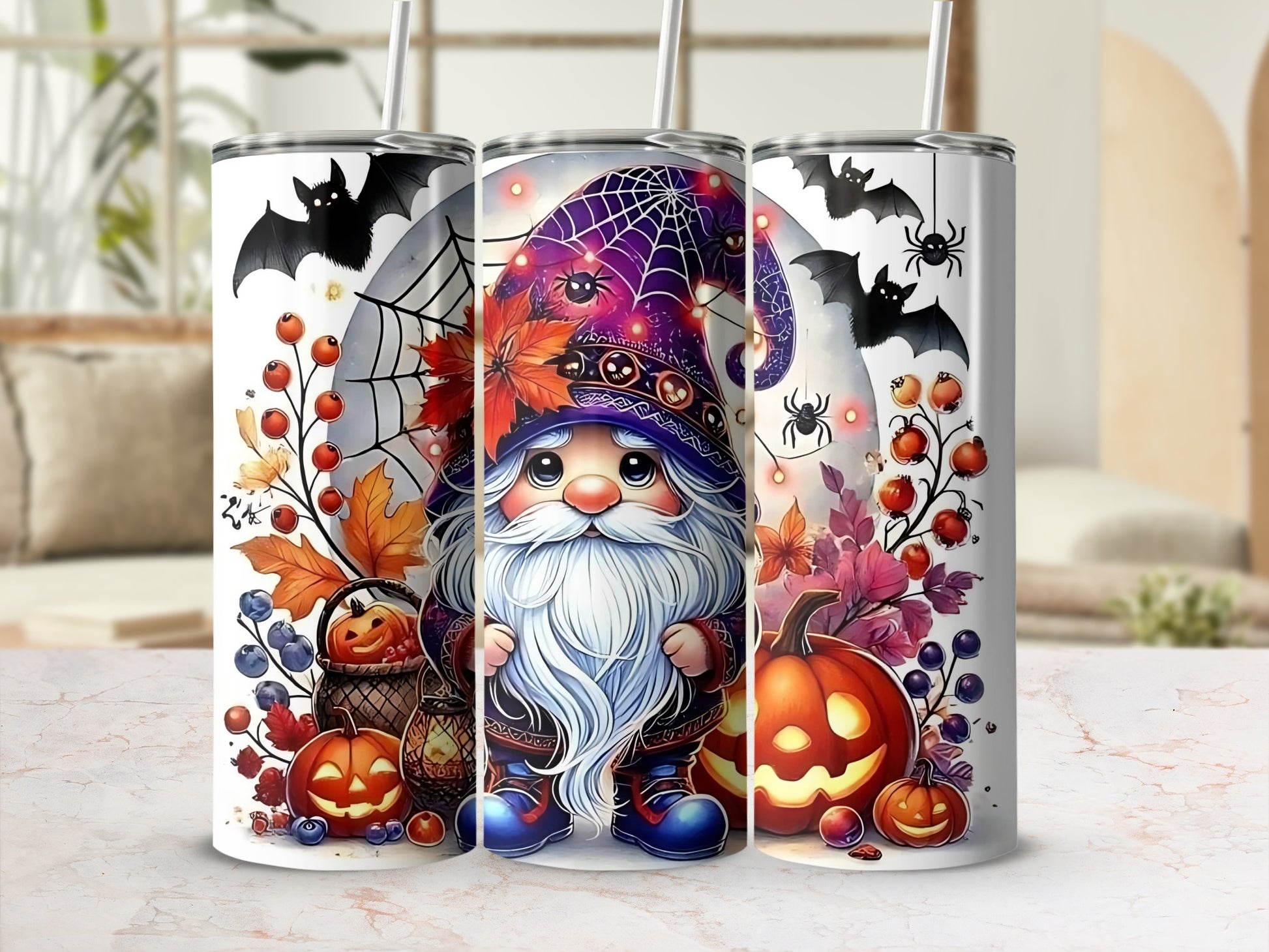 Halloween Gnome with Pumpkins and Bats Tumbler Cup