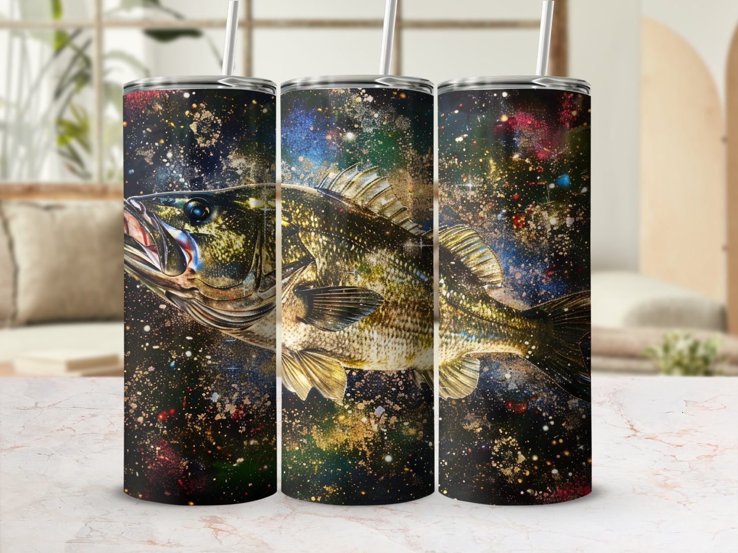Largemouth bass leaping with colorful galaxy background on a tumbler.
