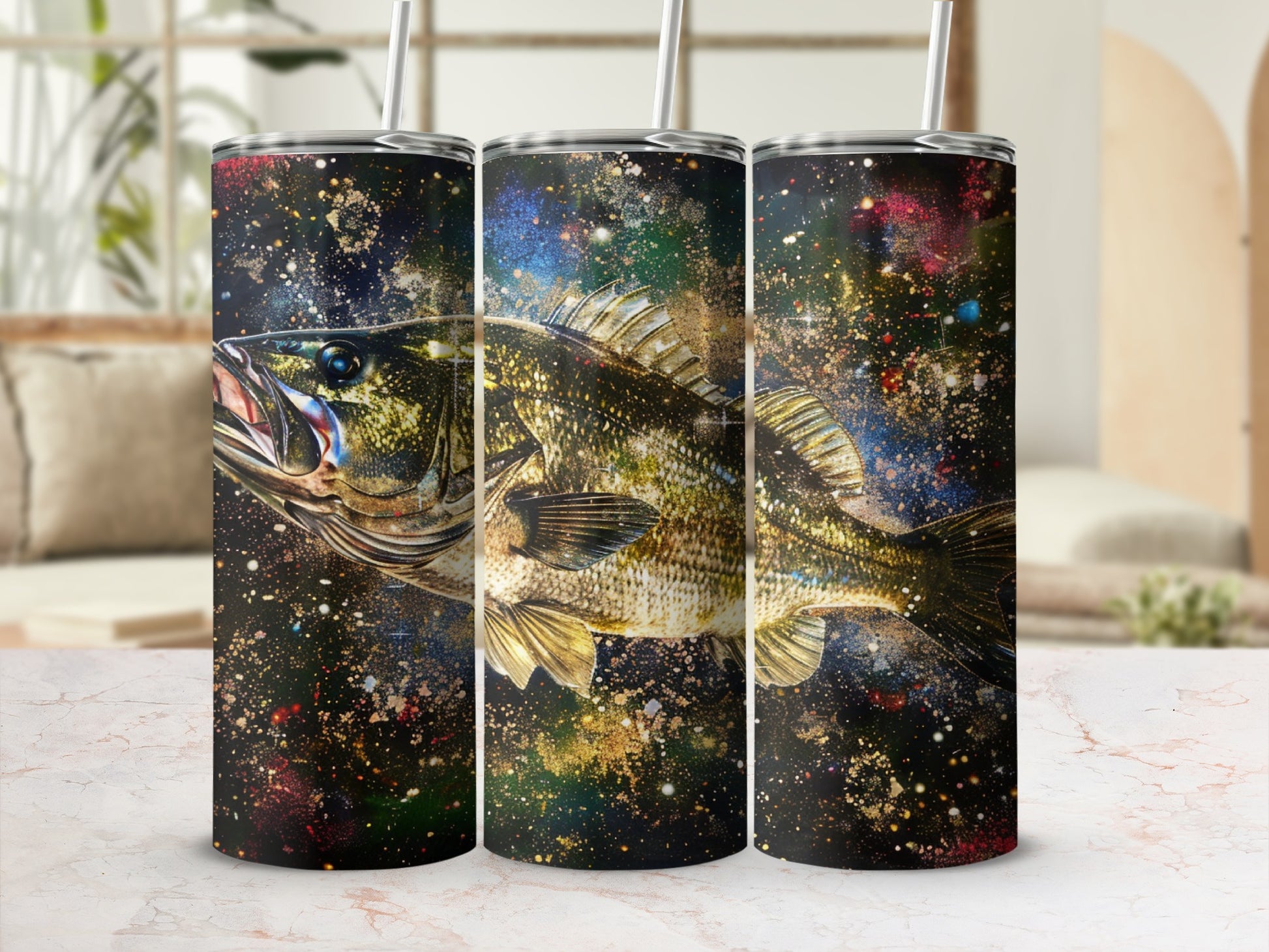 Largemouth bass leaping with colorful galaxy background on a tumbler.