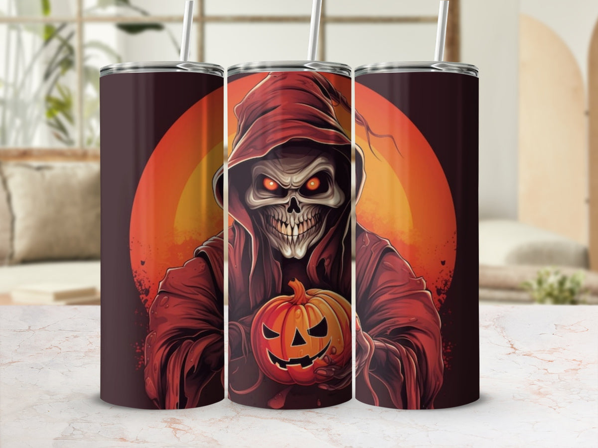 Grim reaper with glowing eyes holding a jack-o'-lantern against an orange moon backdrop.