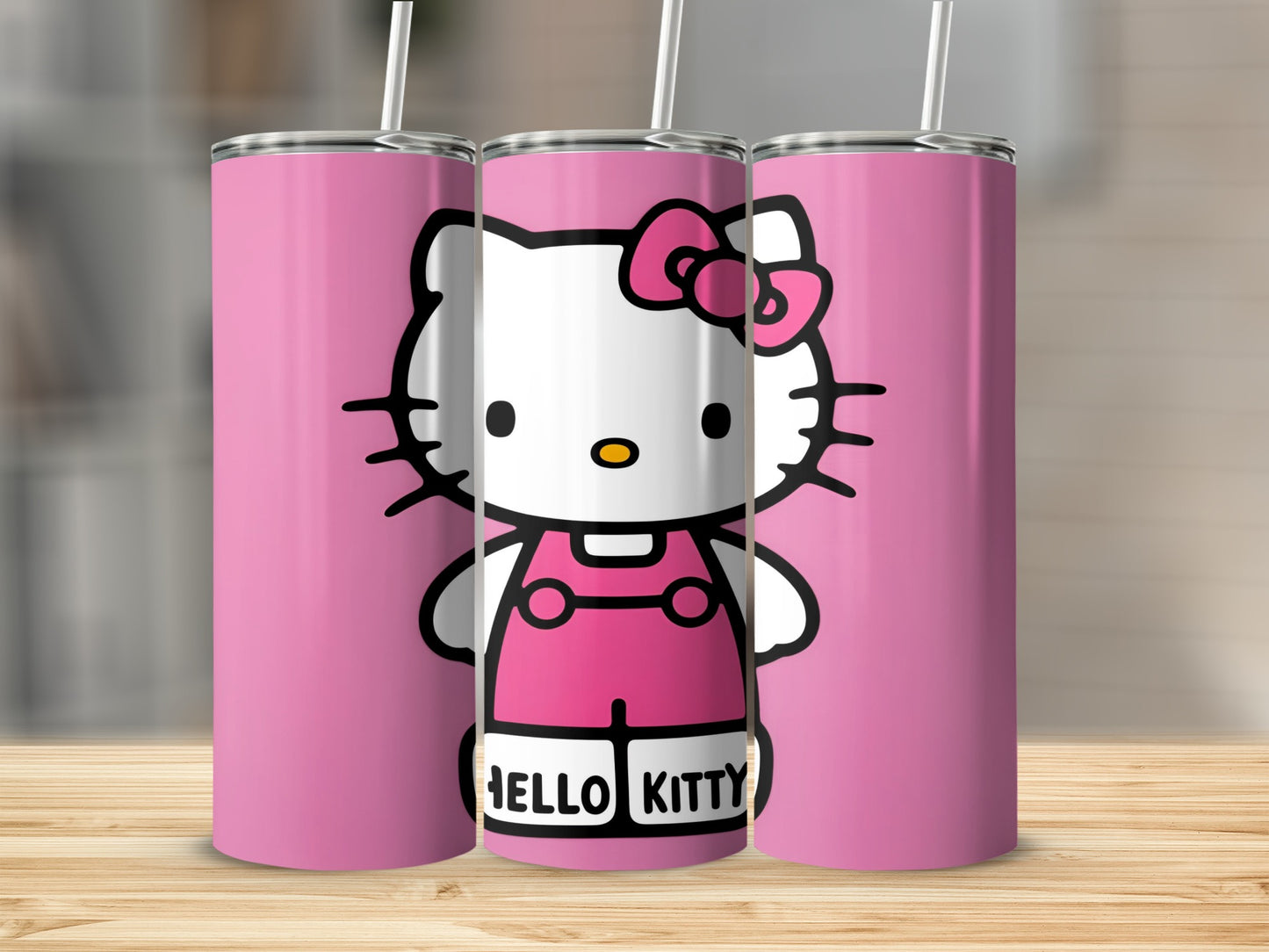 Hello Kitty character in pink overalls on a pink tumbler.