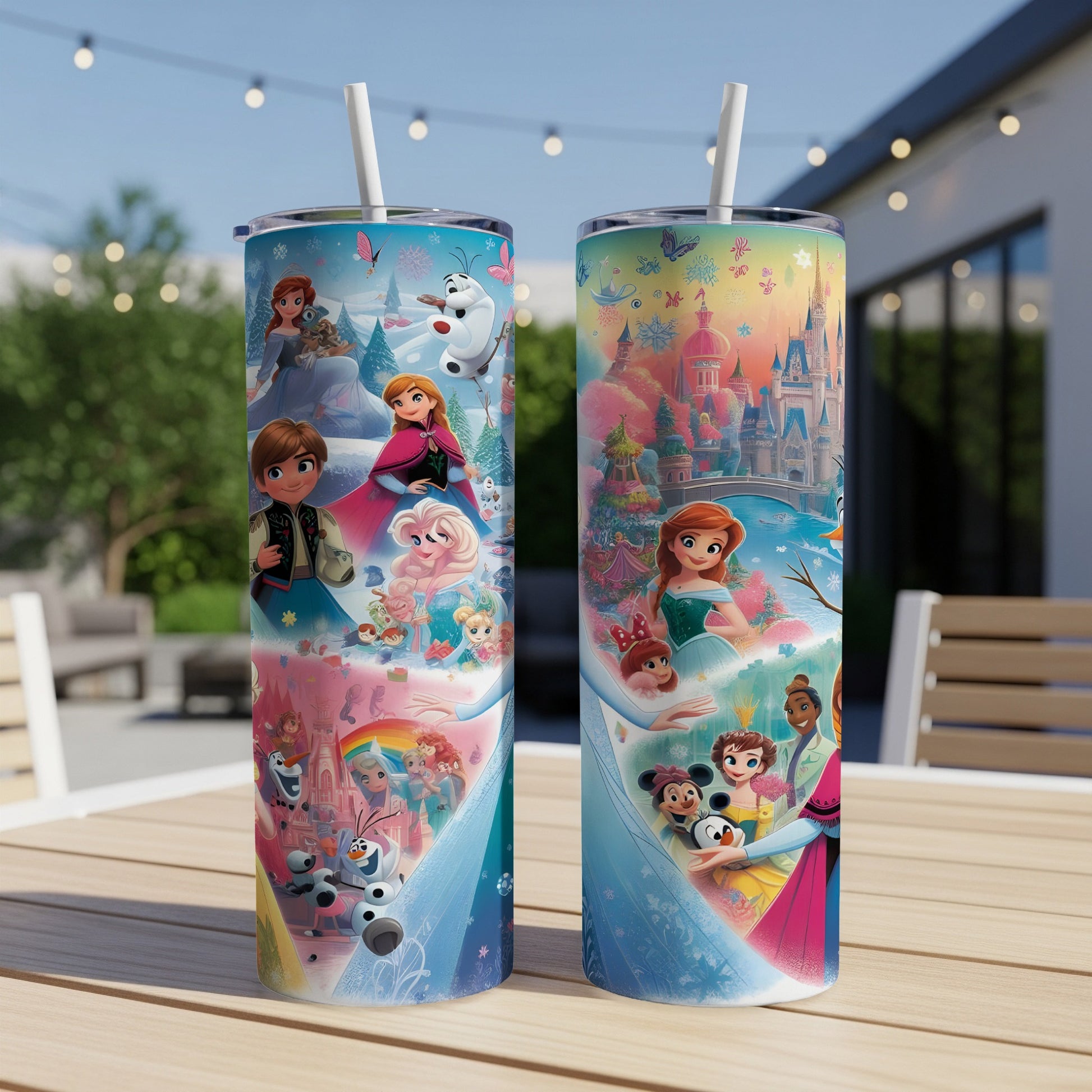 Two tumblers featuring Disney princesses and characters in a colorful, illustrated style.