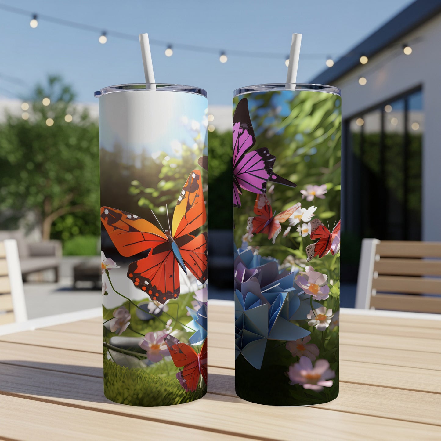 Two tumblers with butterflies and flowers on outdoor table.