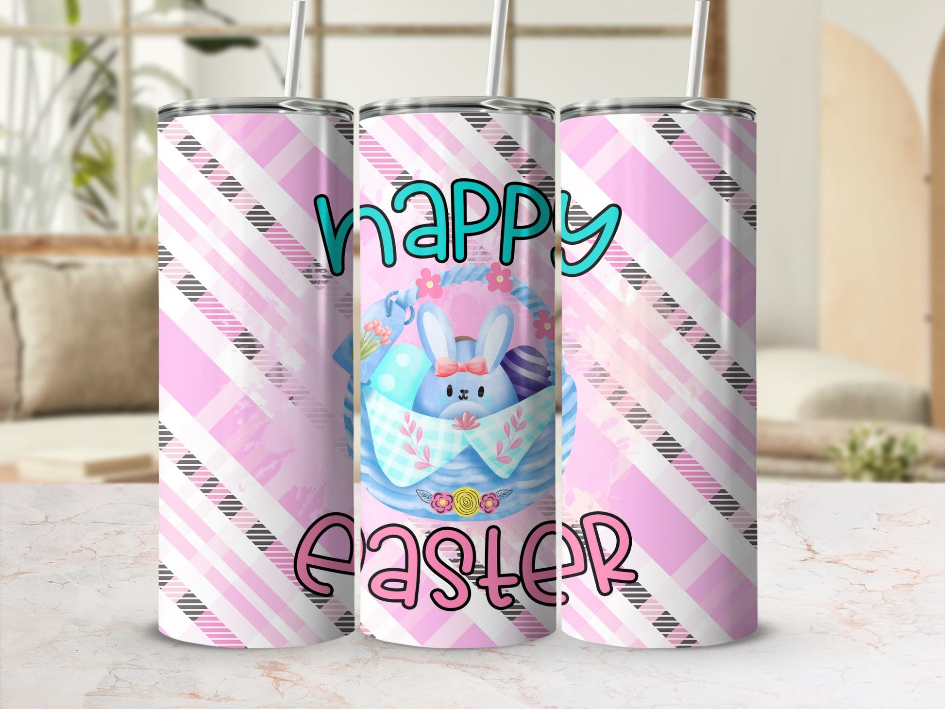 Happy Easter tumbler with bunny and eggs on pink plaid background.