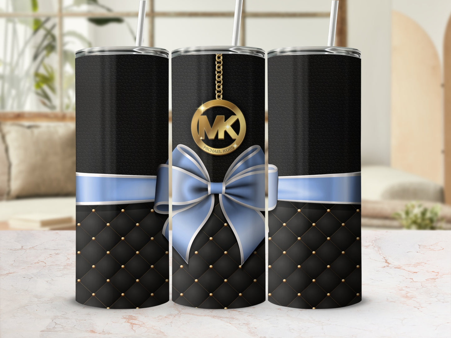 Black and Blue Tumbler with Bow and Gold Accents Design