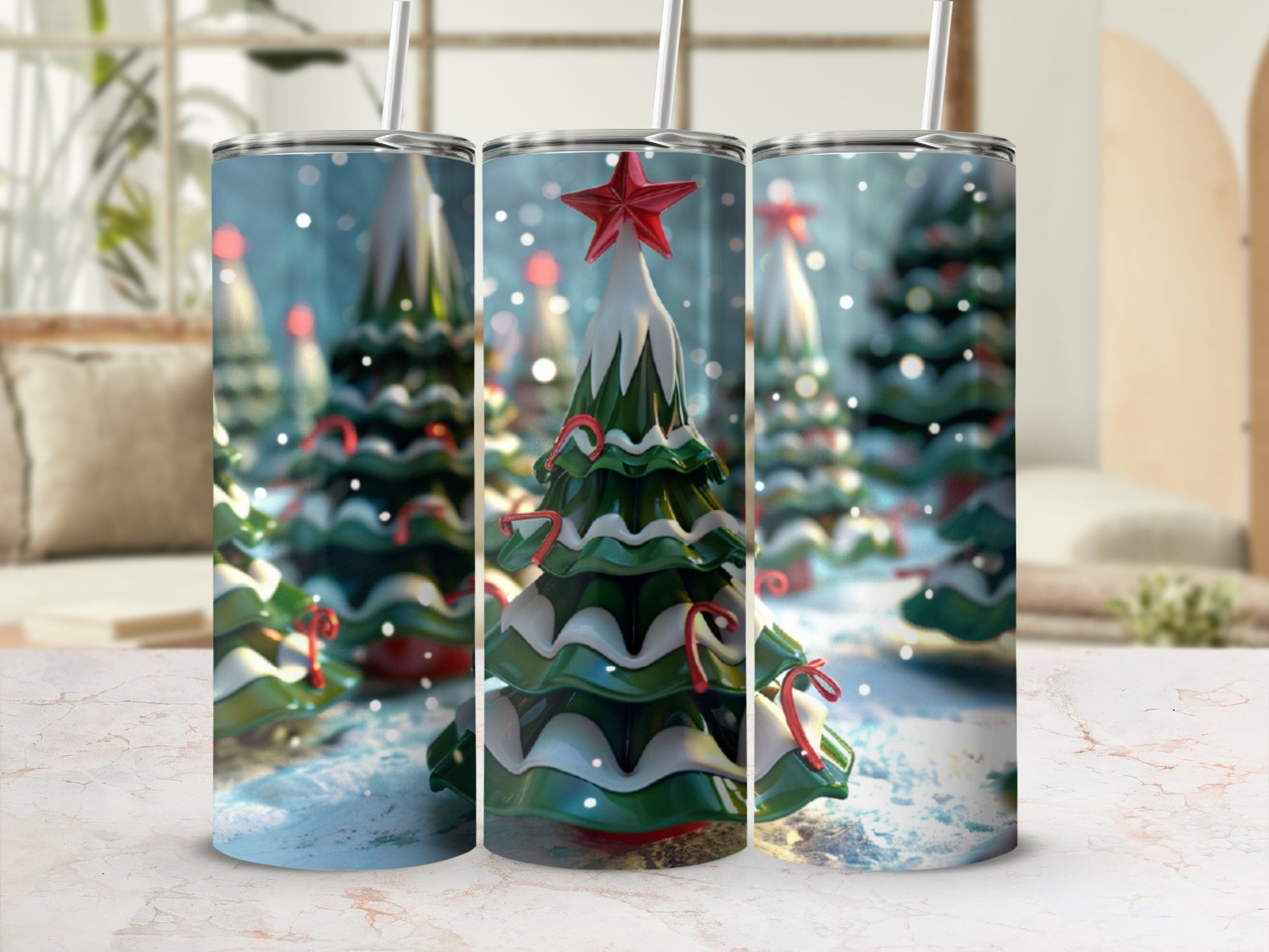 Trio of snowy Christmas trees with red candy cane accents and stars.
