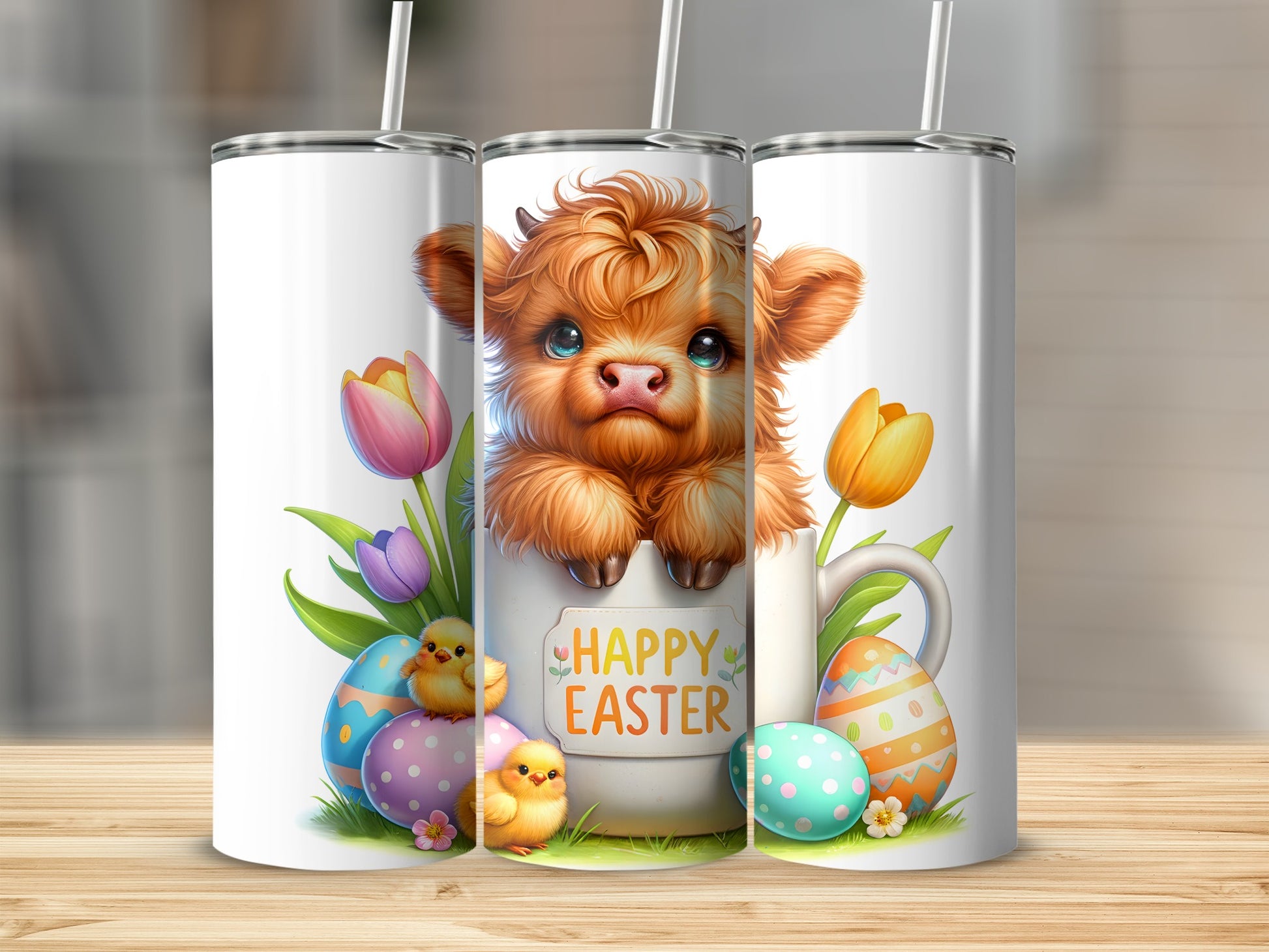 Cute fluffy cow with Easter eggs and chicks in a mug, "Happy Easter" text.