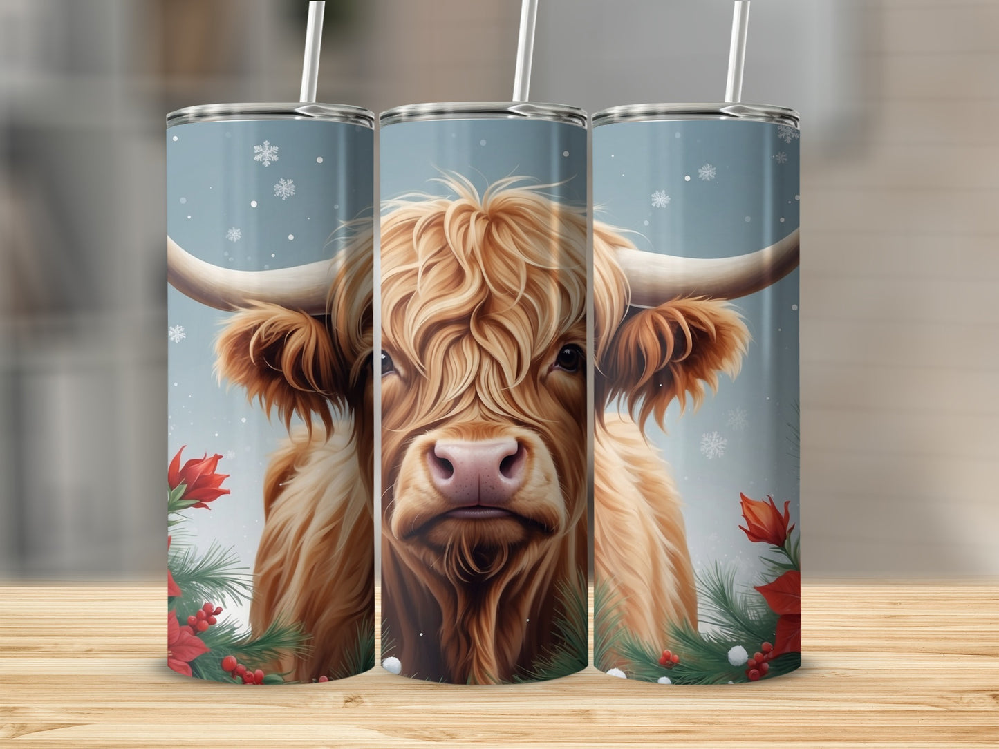 Highland cow with poinsettias and snowflakes on a tumbler.