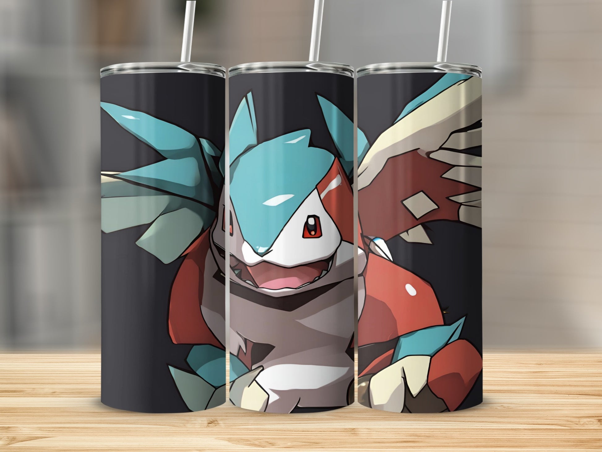 Three tumblers with cartoon dragon character design.