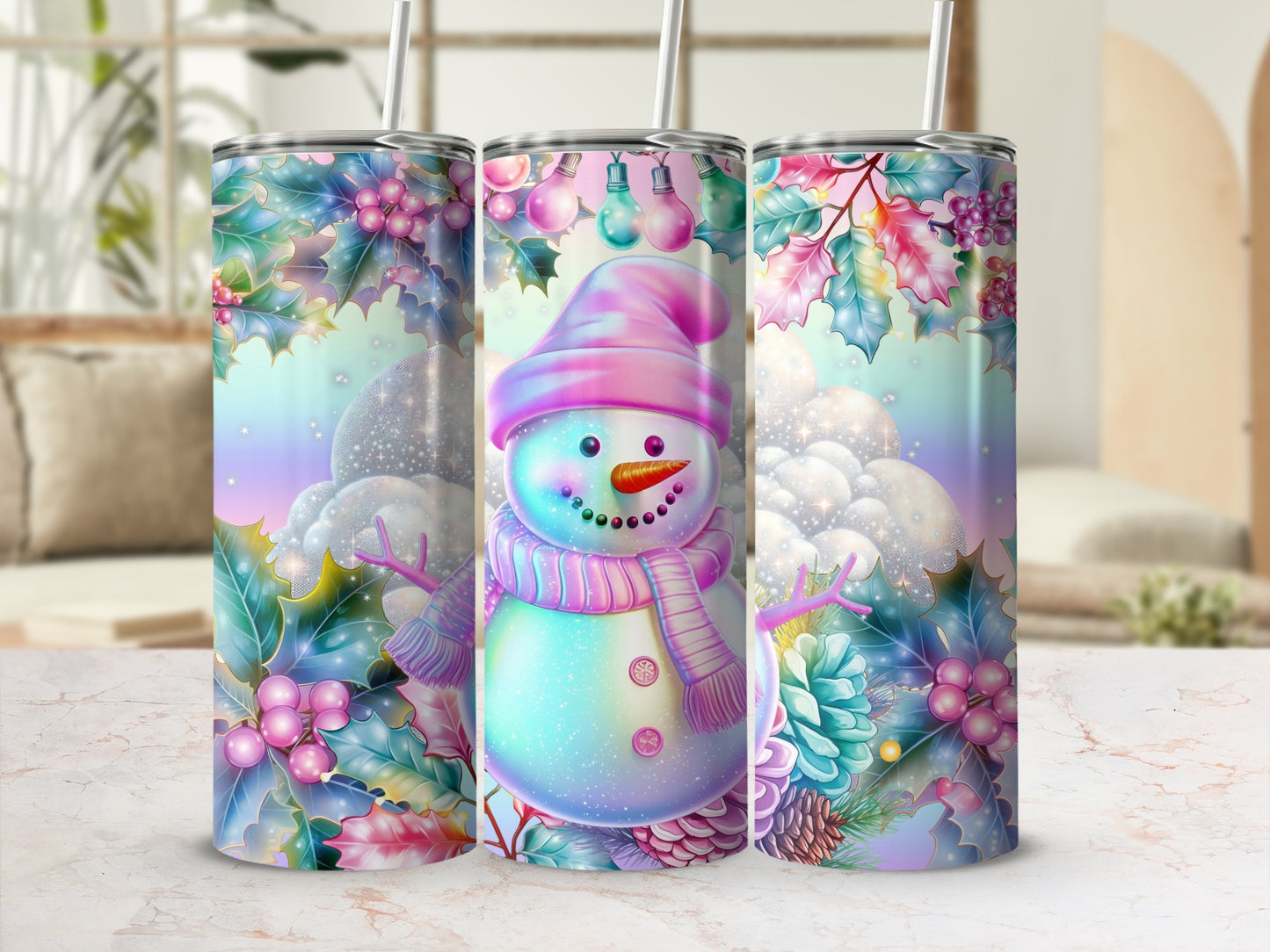 Festive Snowman and Holly Design Insulated Drinkware