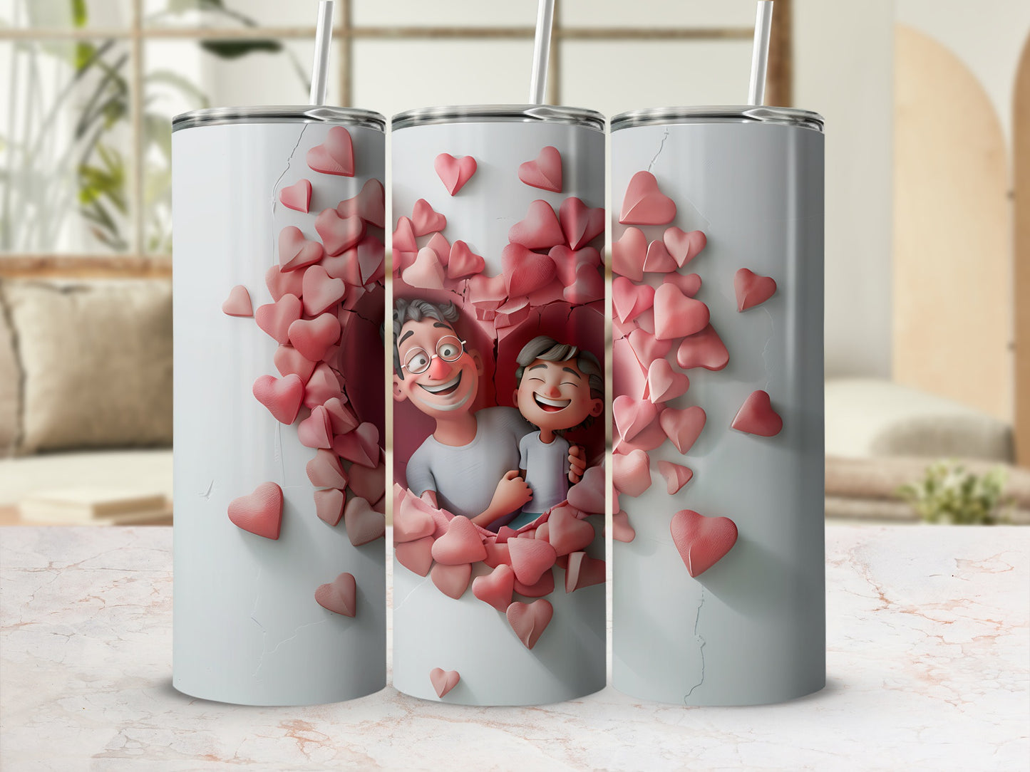 Three white tumblers featuring a heart-shaped design with cartoon parents and children.