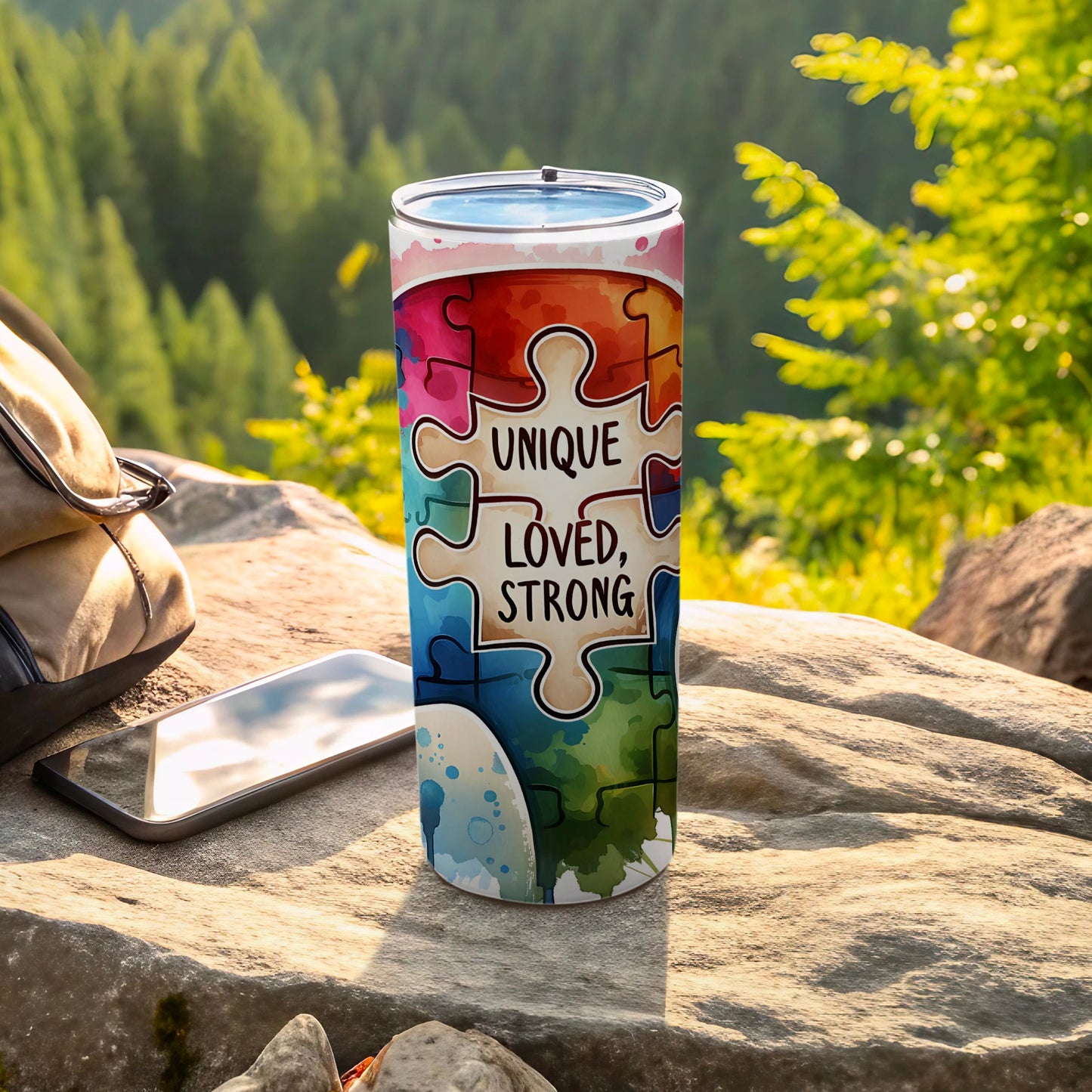 Colorful puzzle tumbler with "Unique, Loved, Strong" text on a rocky surface.
