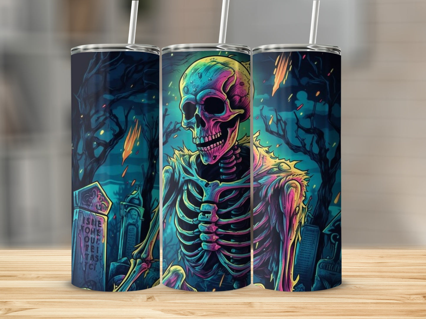 Spooky Neon Skeleton and Graveyard Themed Drinkware